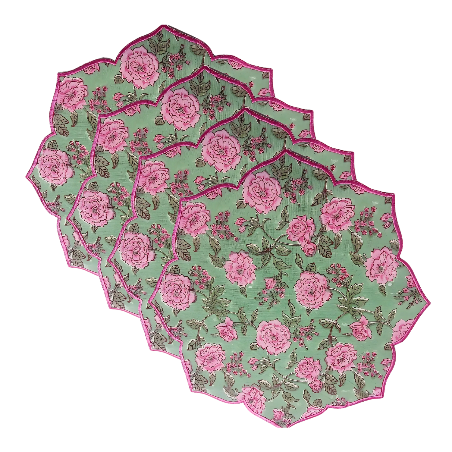 Pink tourmaline scalloped cotton placemat with delicate embroidery