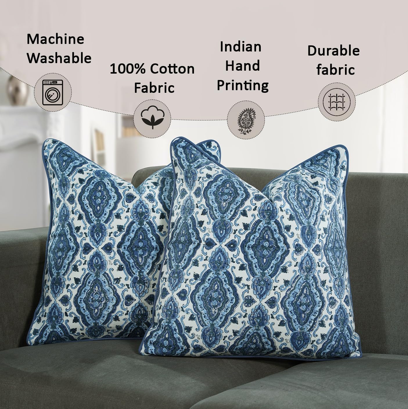 Boho Cotton Pillow Covers - Sea Blue (Set of 2)