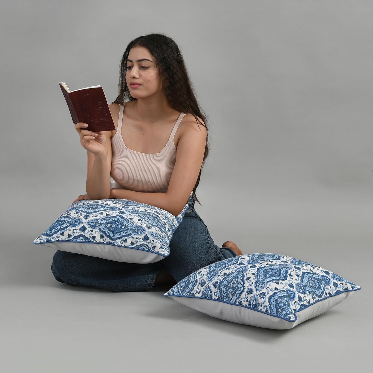 Boho Cotton Pillow Covers - Sea Blue (Set of 2)