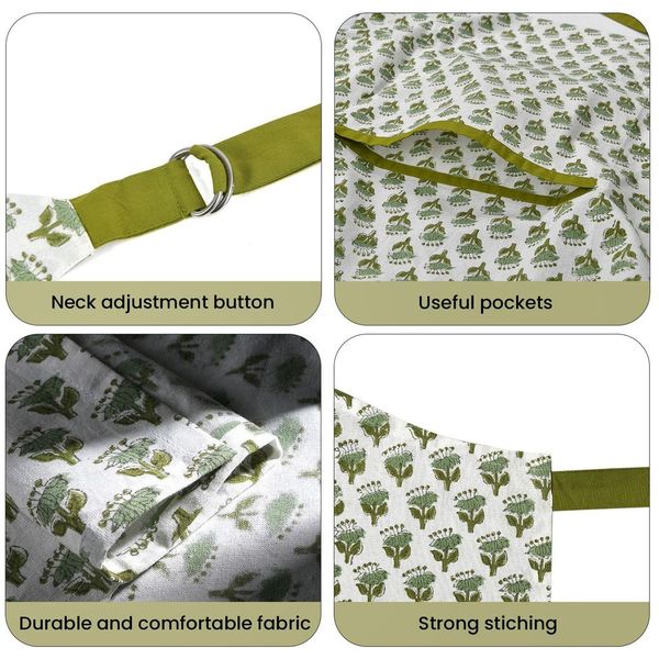 Classic green and white floral apron with adjustable neck straps, pockets, durable cotton, and strong stitching