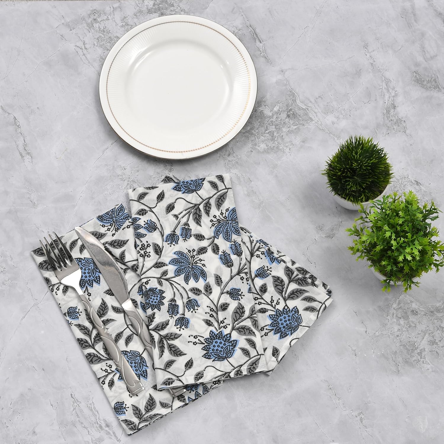 Cotton Cloth Napkins - White Blue