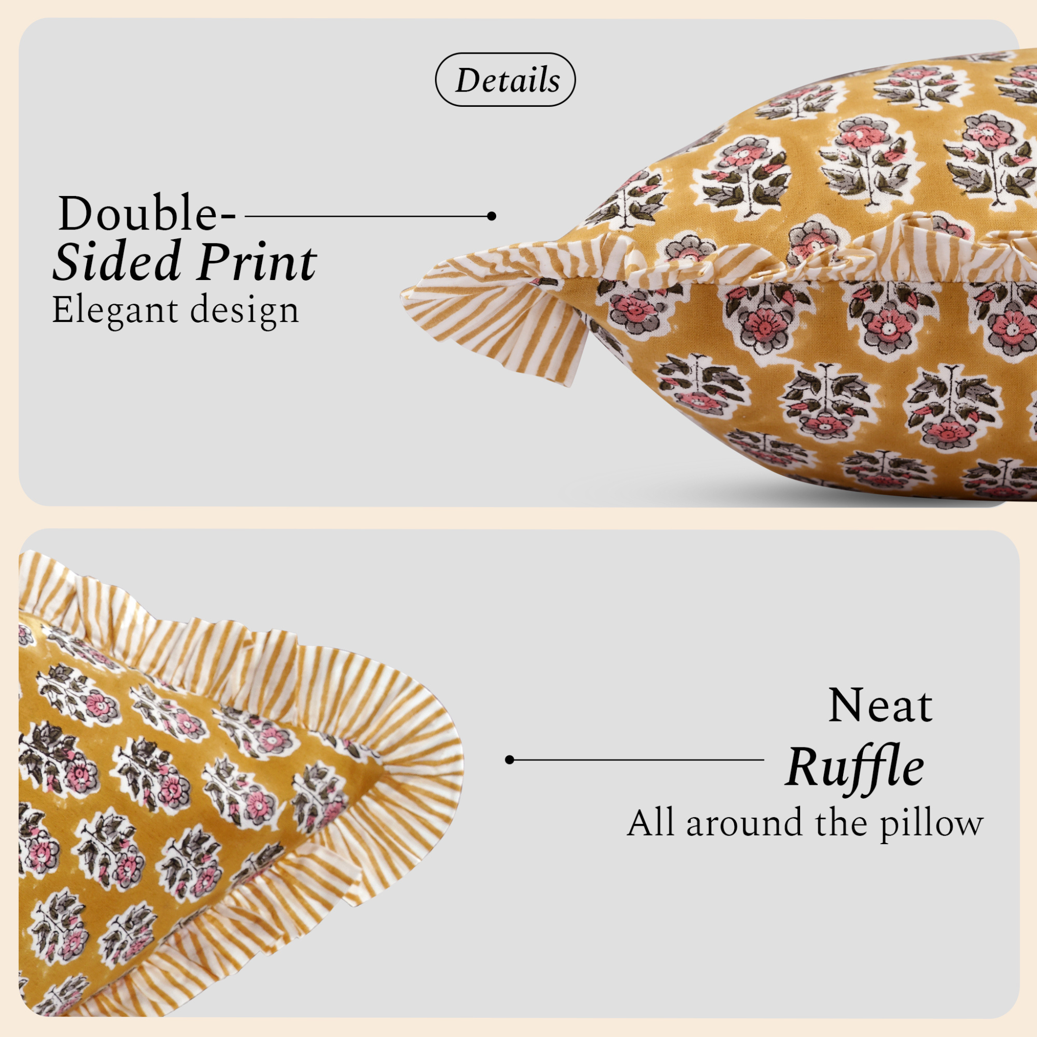 Close-up side view of a decorative yellow and blue pillow showing detailed stitching and fabric texture