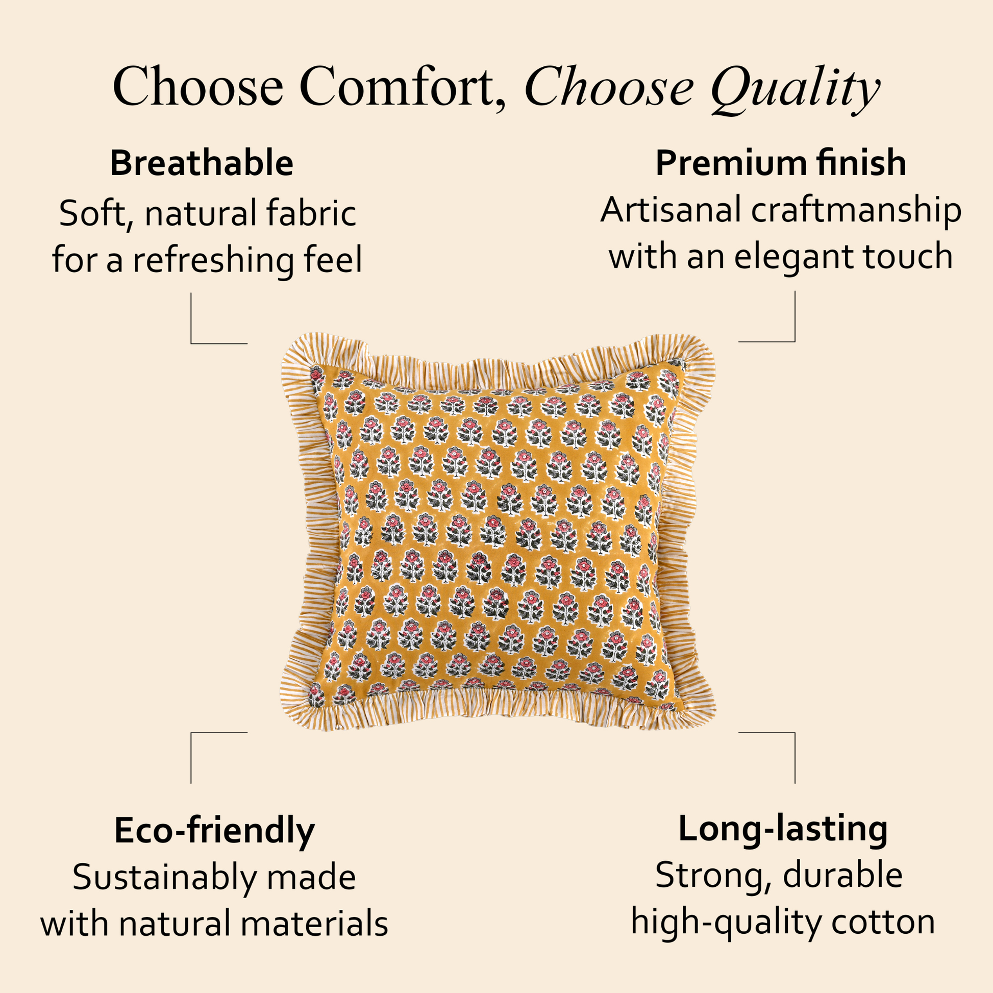 Yellow floral pillow with beige fringe trim displayed against a soft beige background showing fabric details