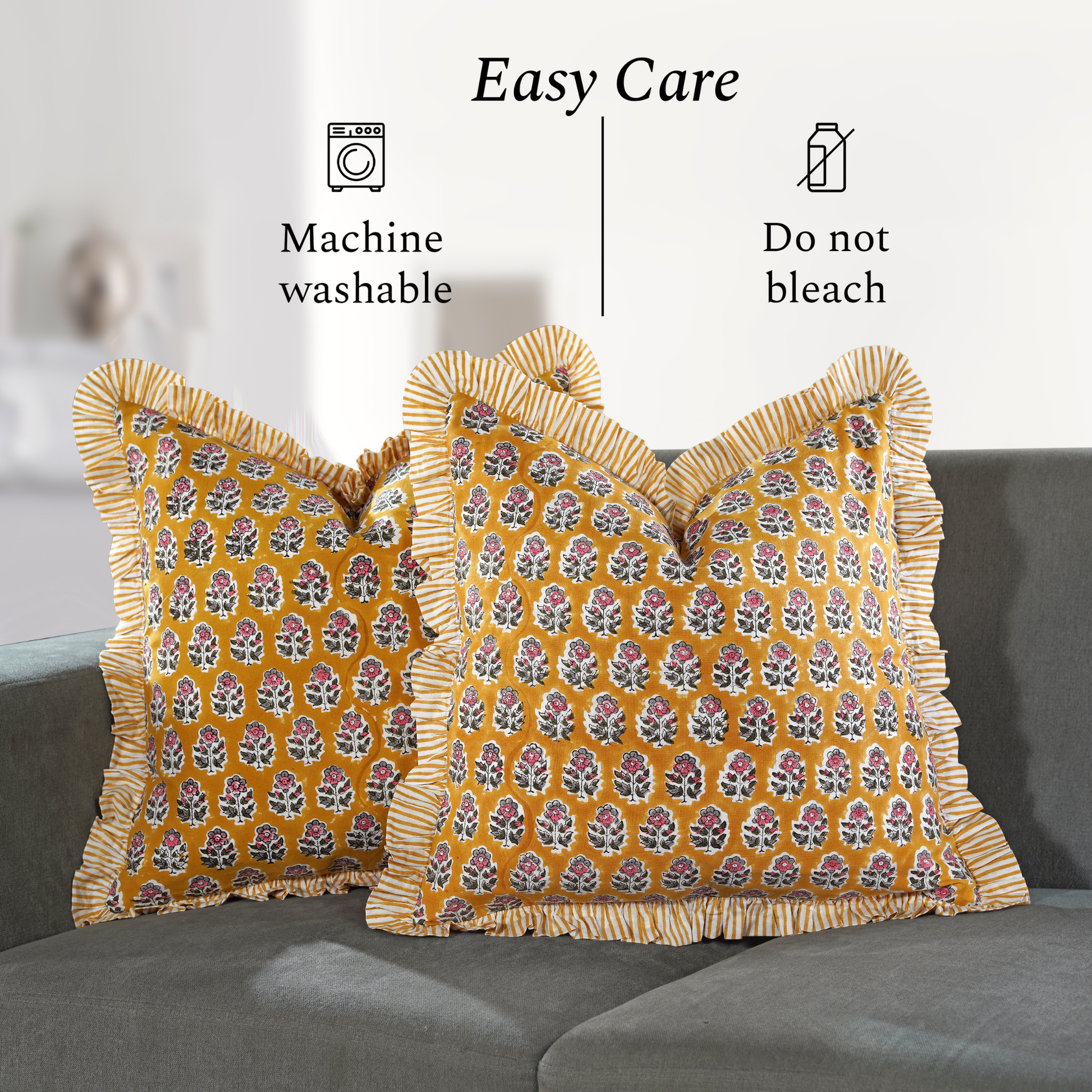 care instructions for cotton ruffle pillows, machine washable and do not bleach