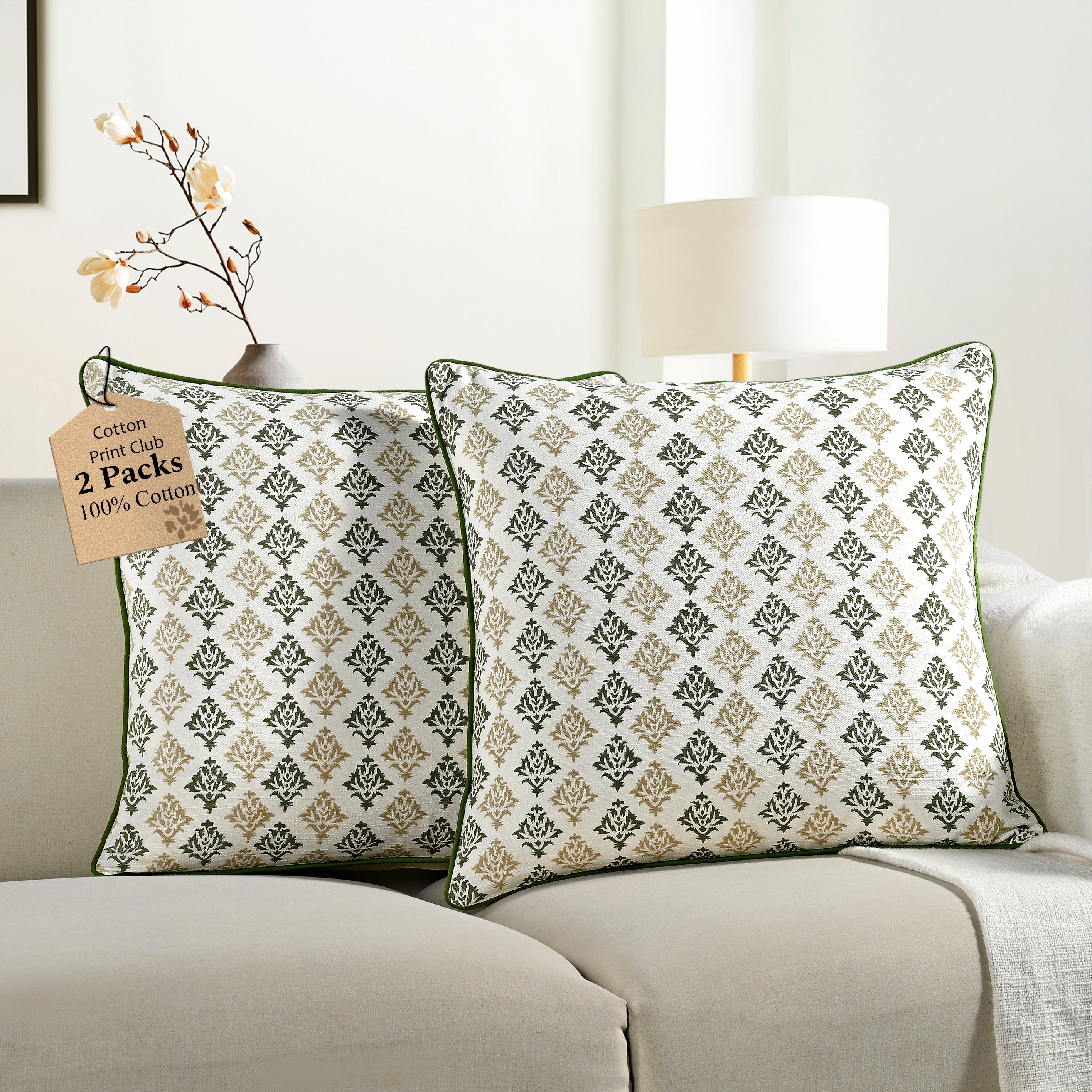 Boho Cotton Pillow Covers - Botanical Trellis Green