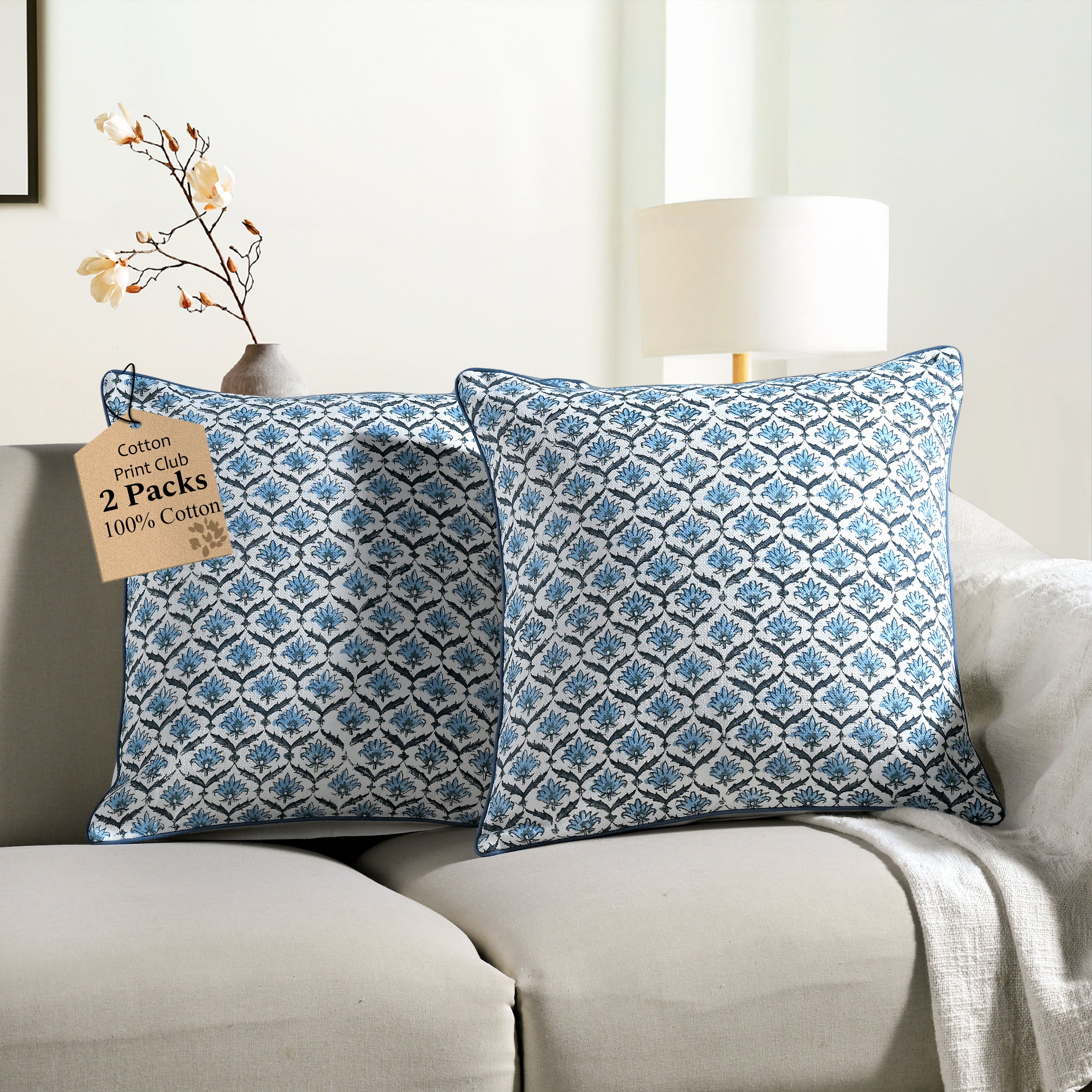 Boho Cotton Pillow Covers - Jeans Blue (Set of 2)