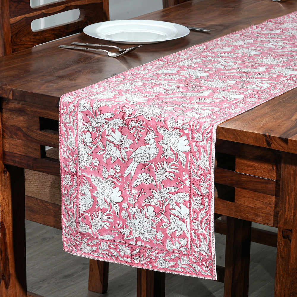 Cotton Block Print Table Runner - Coral Pink