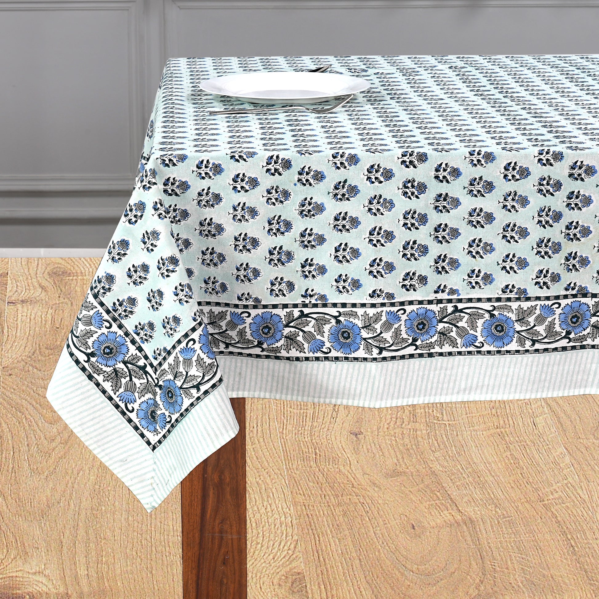 Cotton Block Print Tablecloth – Poppy Blue