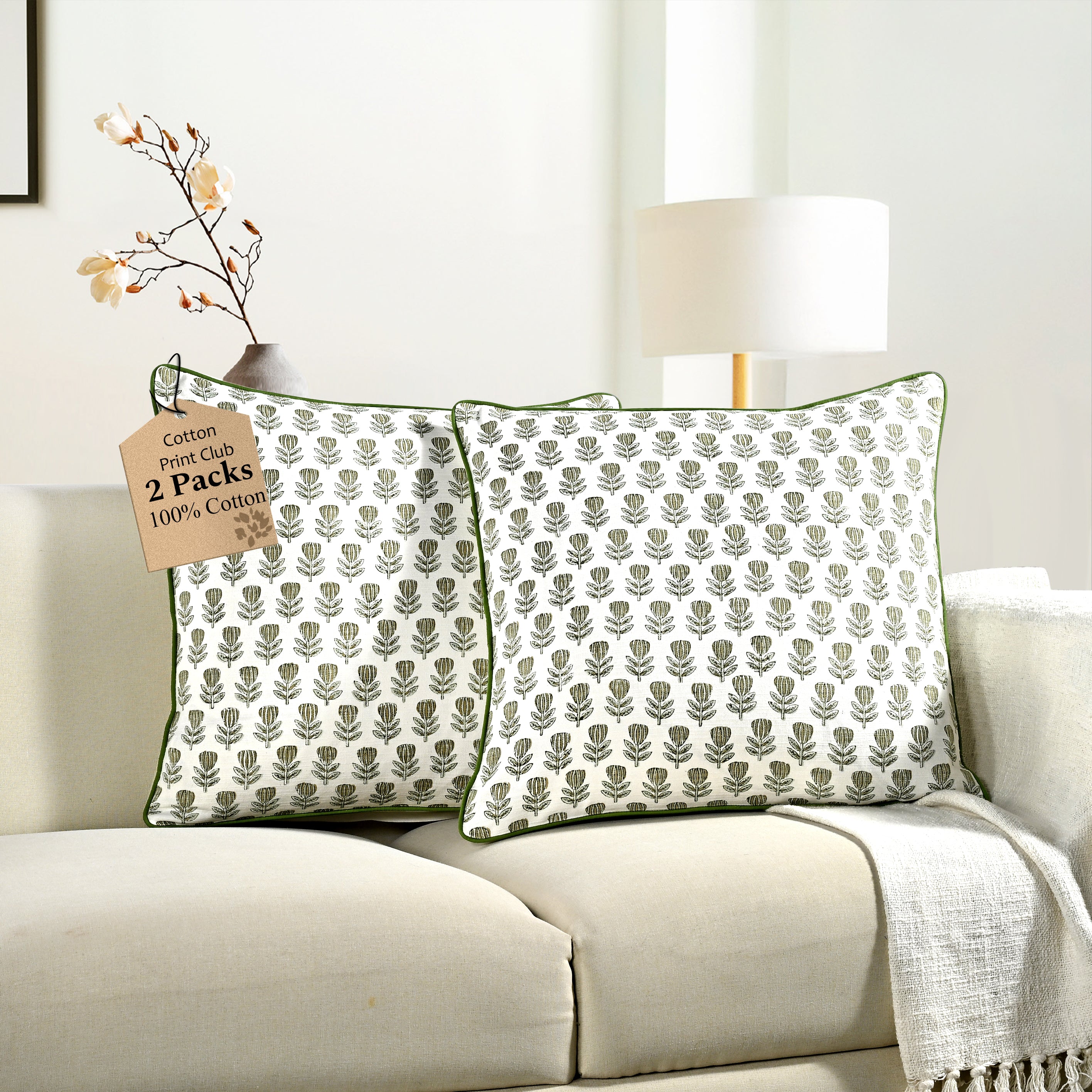 Boho Cotton Pillow Covers - Morning Bloom Green