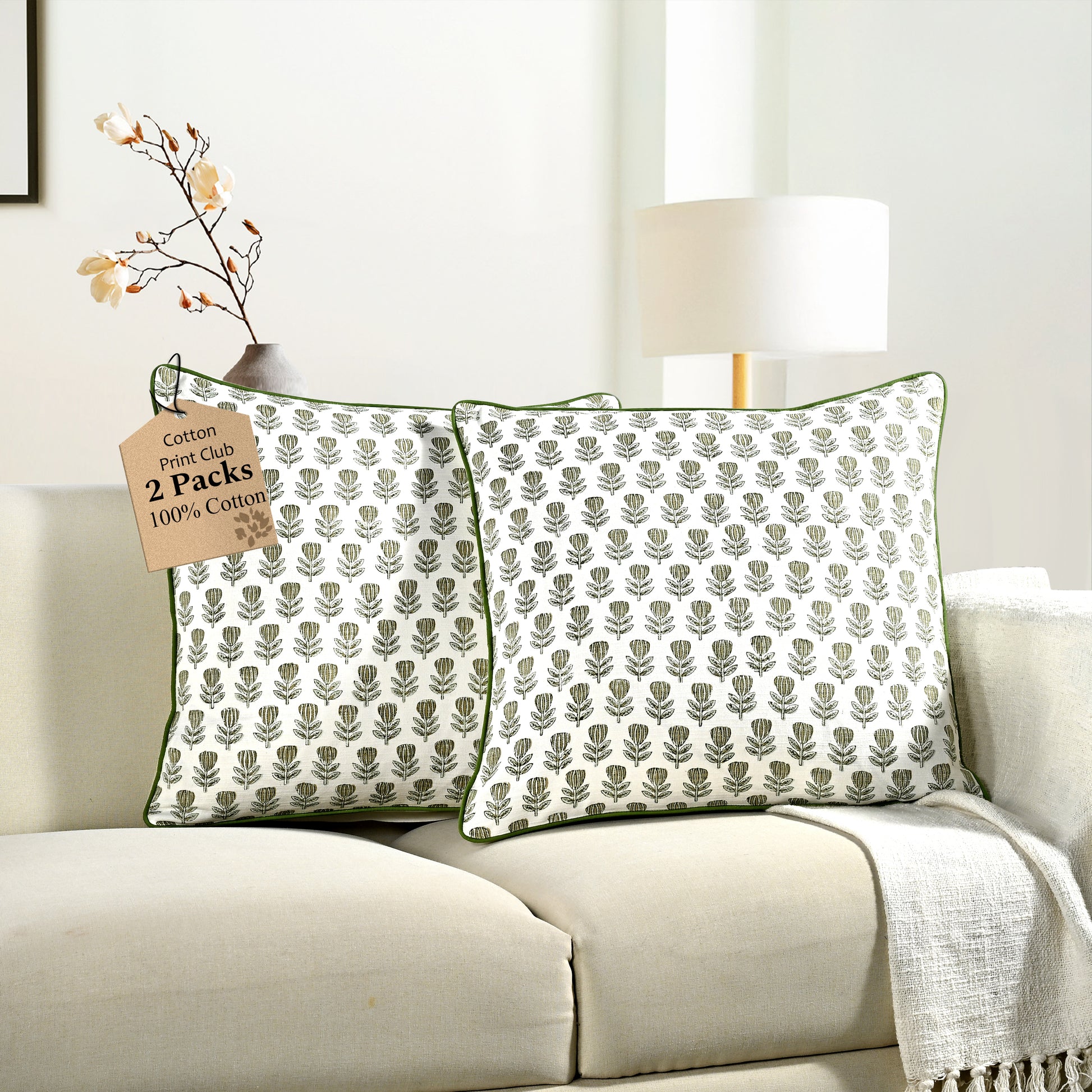 Boho Cotton Pillow Covers - Morning Bloom Green