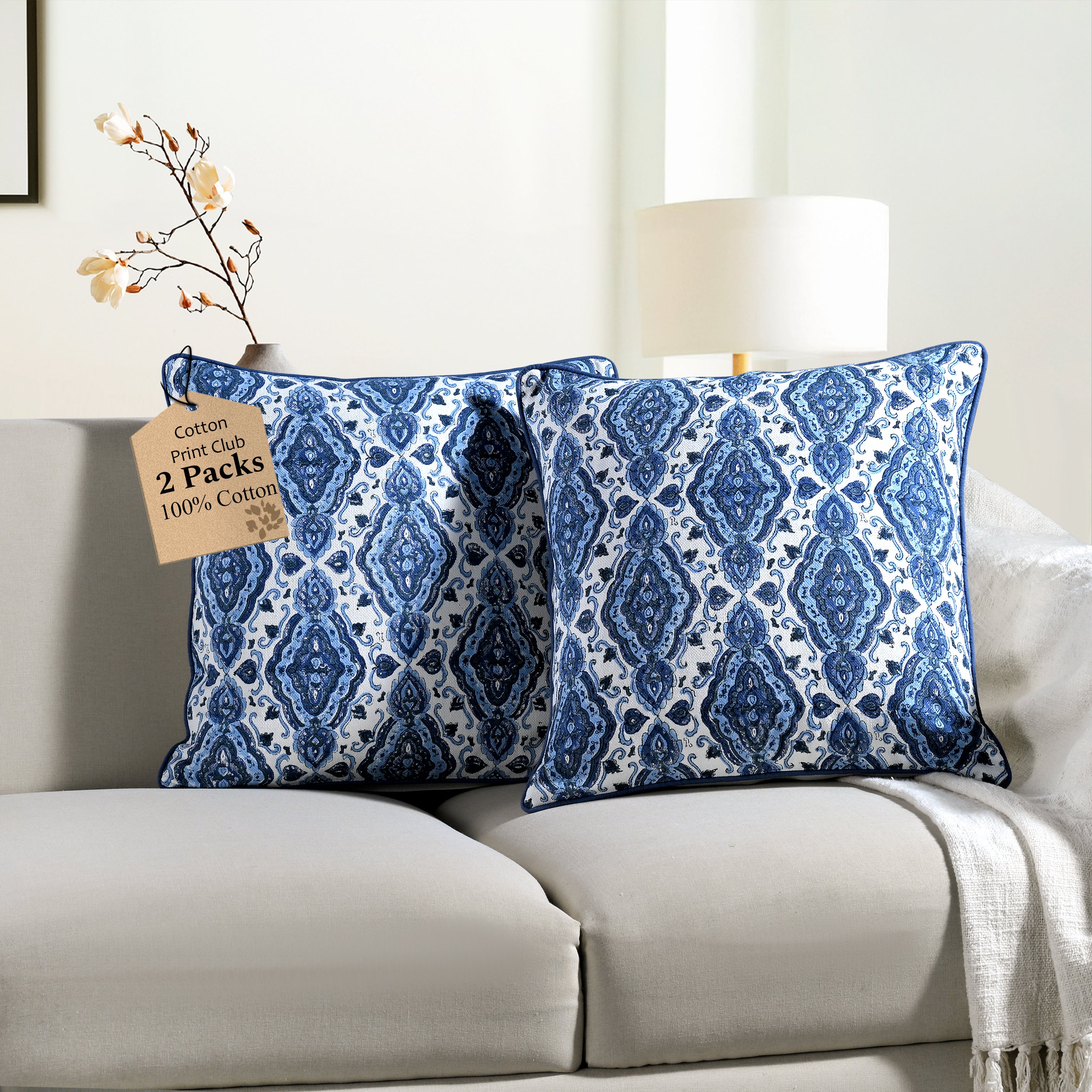 Boho Cotton Pillow Covers - Sea Blue (Set of 2)