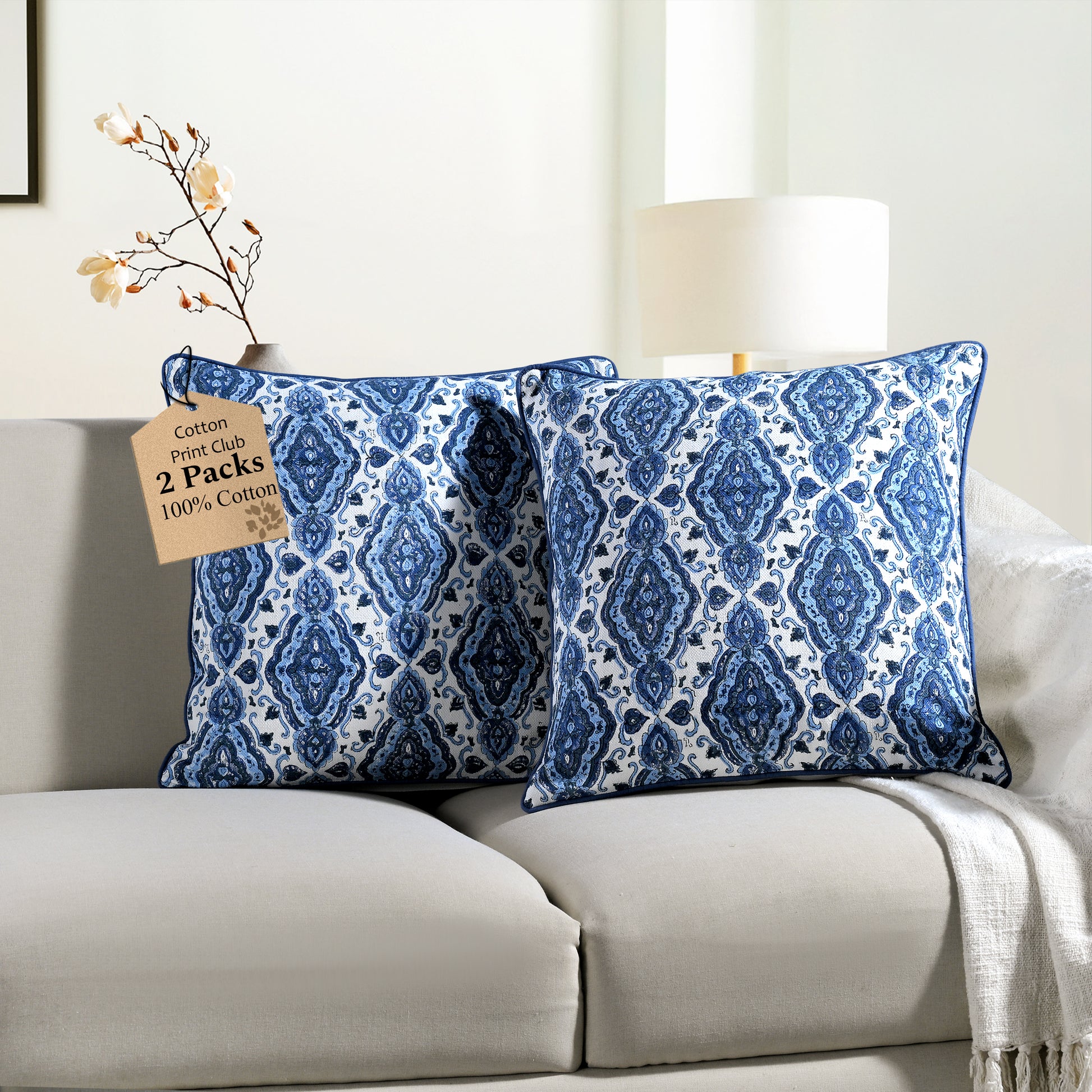 Boho Cotton Pillow Covers - Sea Blue (Set of 2)
