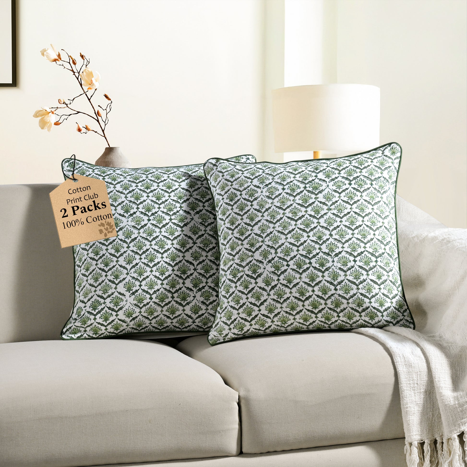 Boho Cotton Pillow Covers - Moss Green (Set of 2)