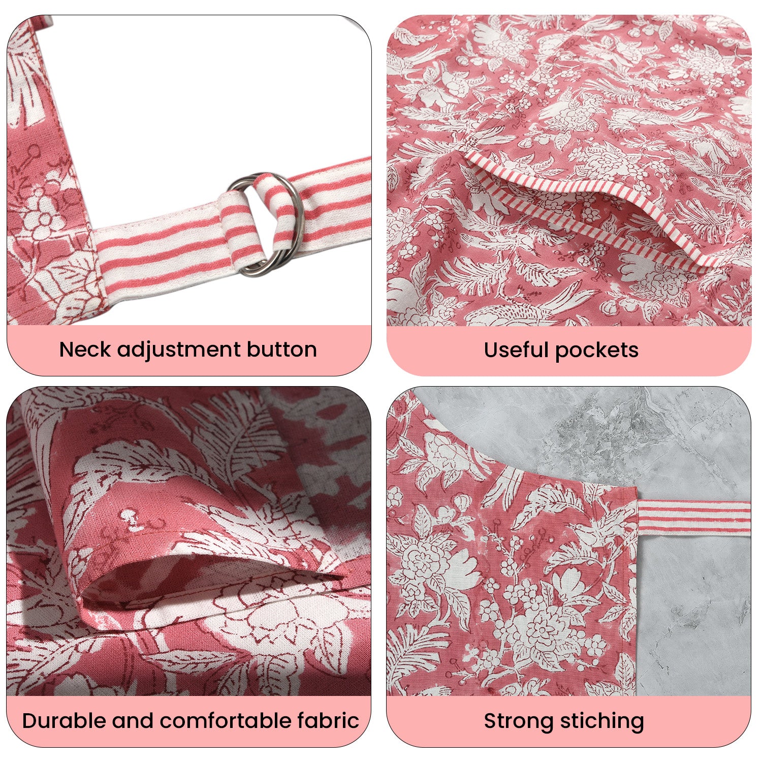 pink and white kitchen apron features adjustable neck button, useful pockets, durable and comfortable fabric, and strong stitching
