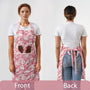 front and back of lady wearing pink and white floral apron with wooden utensils in the front pocket