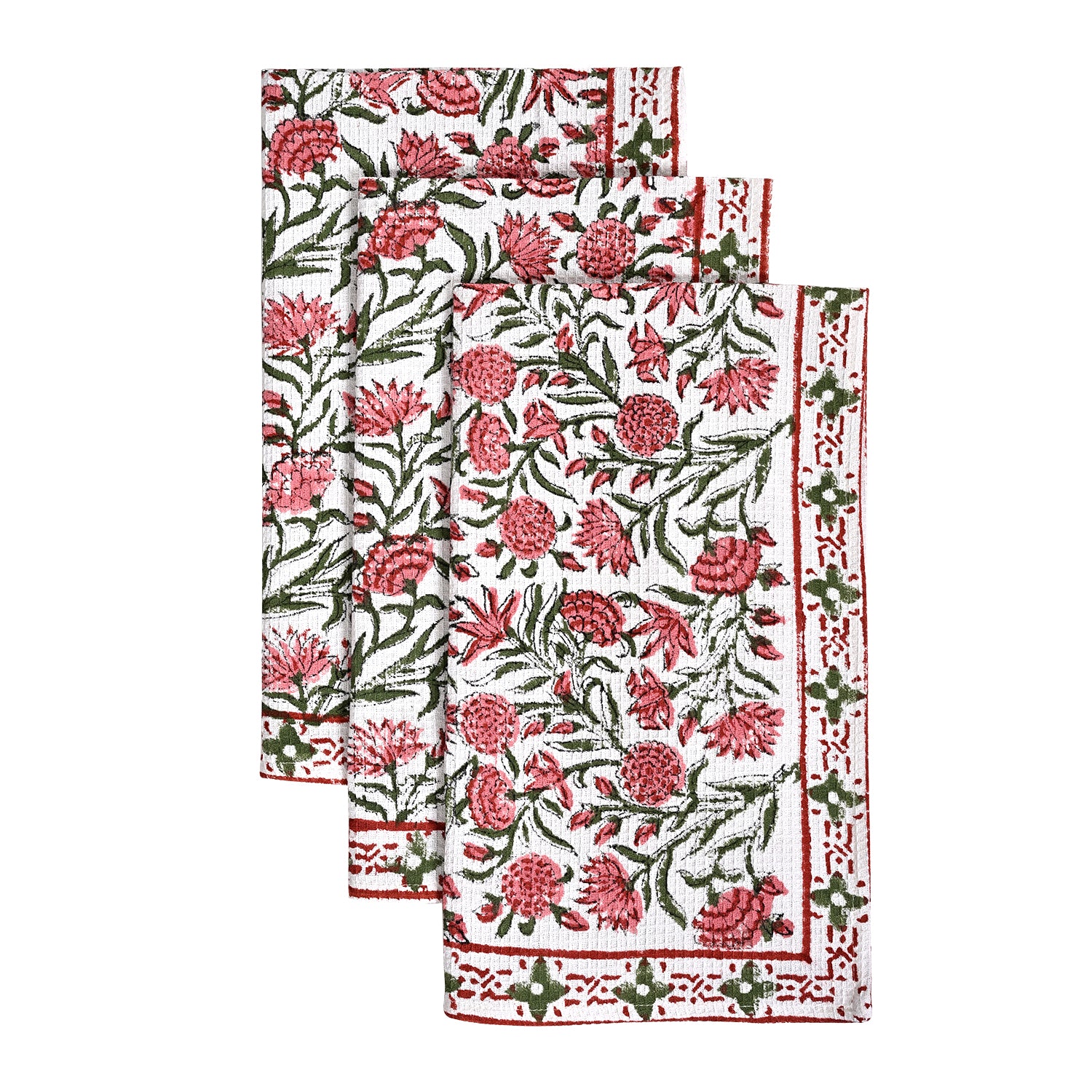 Hand Block Printed Waffle Kitchen Towels – Red Garnet