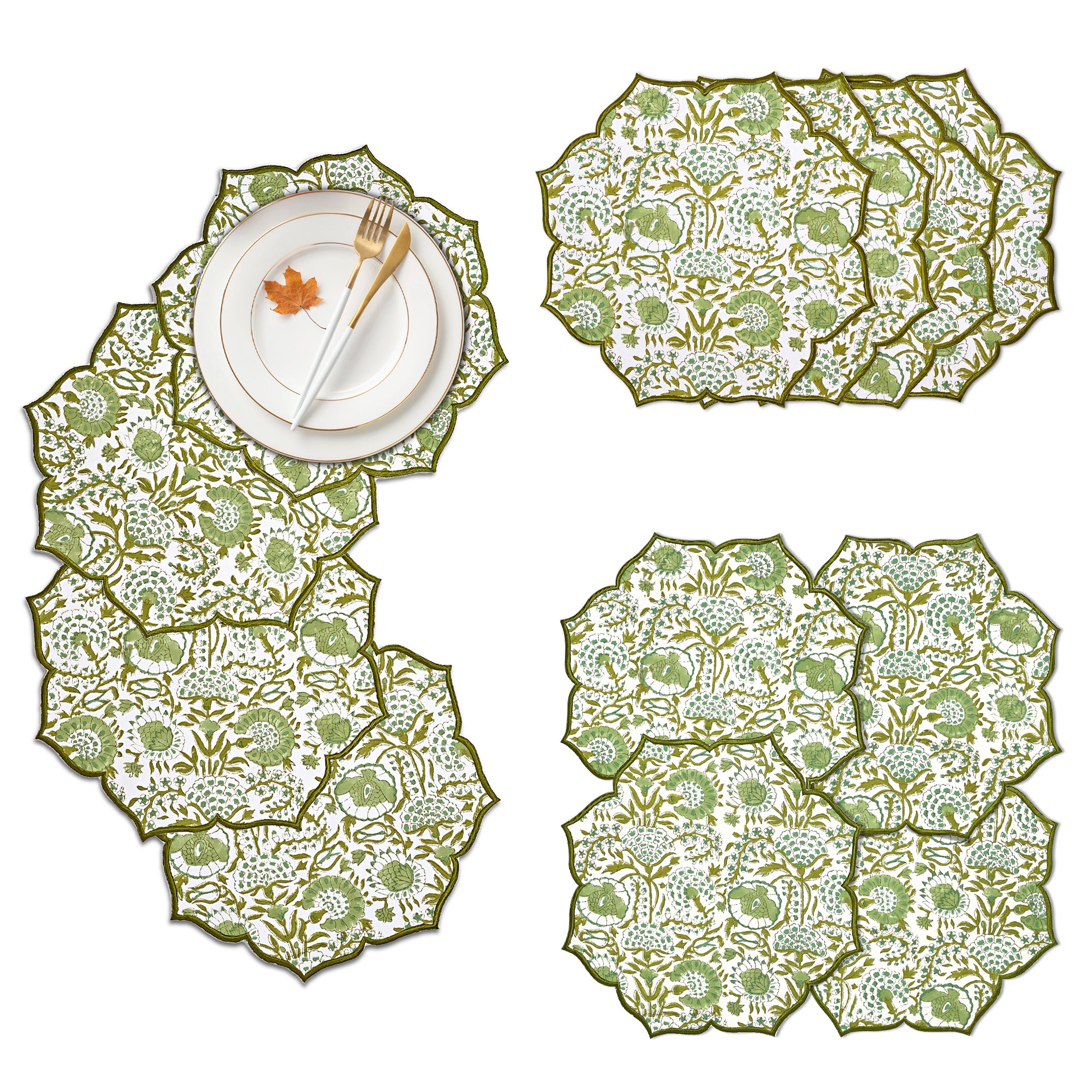 Agate green cotton placemat with scalloped embroidery detail