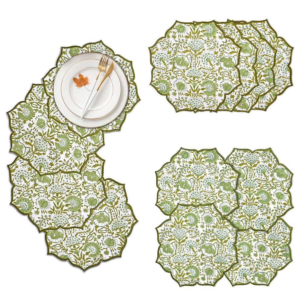 Agate green cotton placemat with scalloped embroidery detail