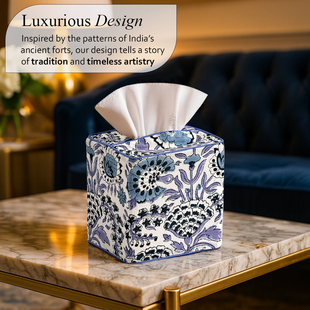 100% Cotton Hand Block Printed Tissue Box Cover - Indigo Blue