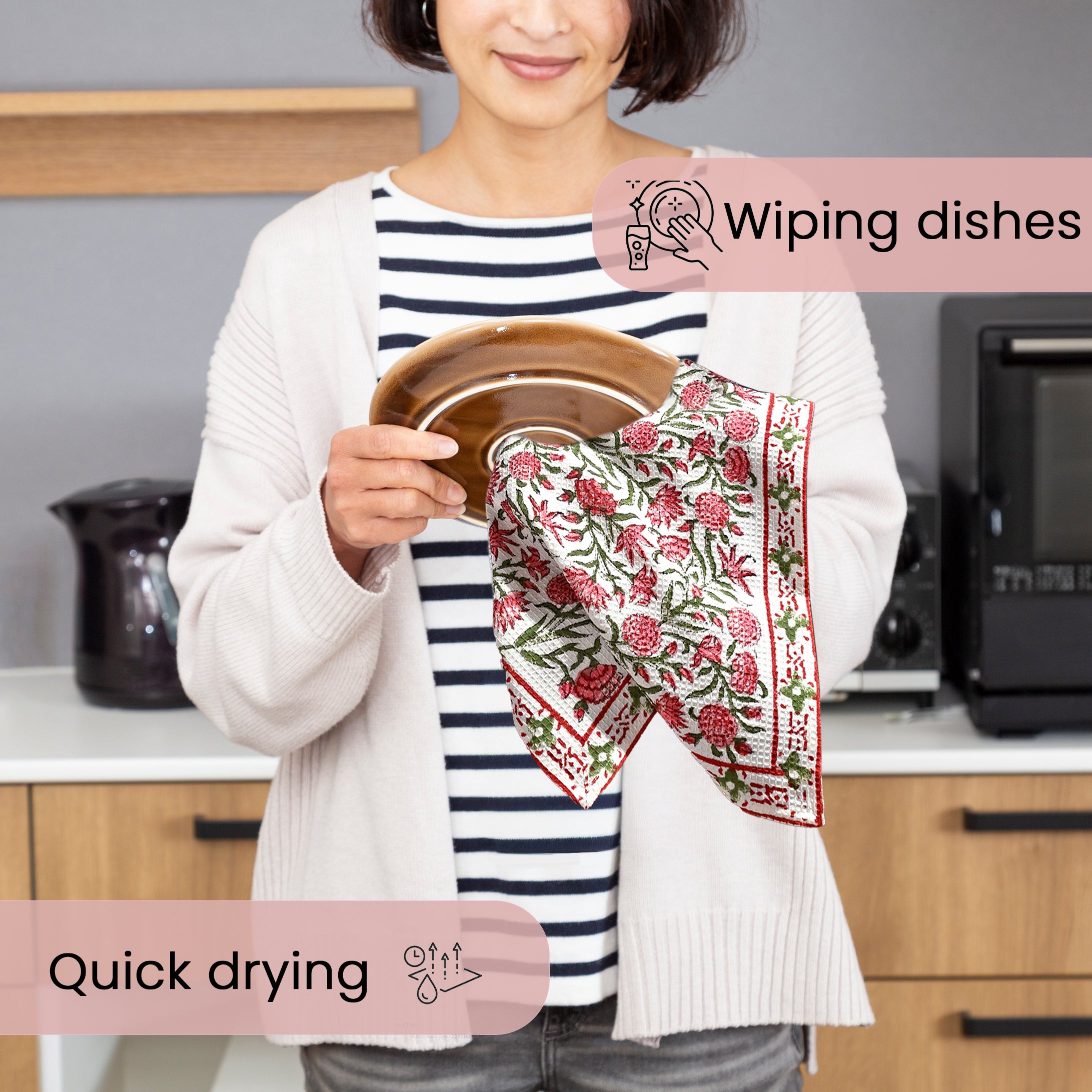 Hand Block Printed Waffle Kitchen Towels – Red Garnet