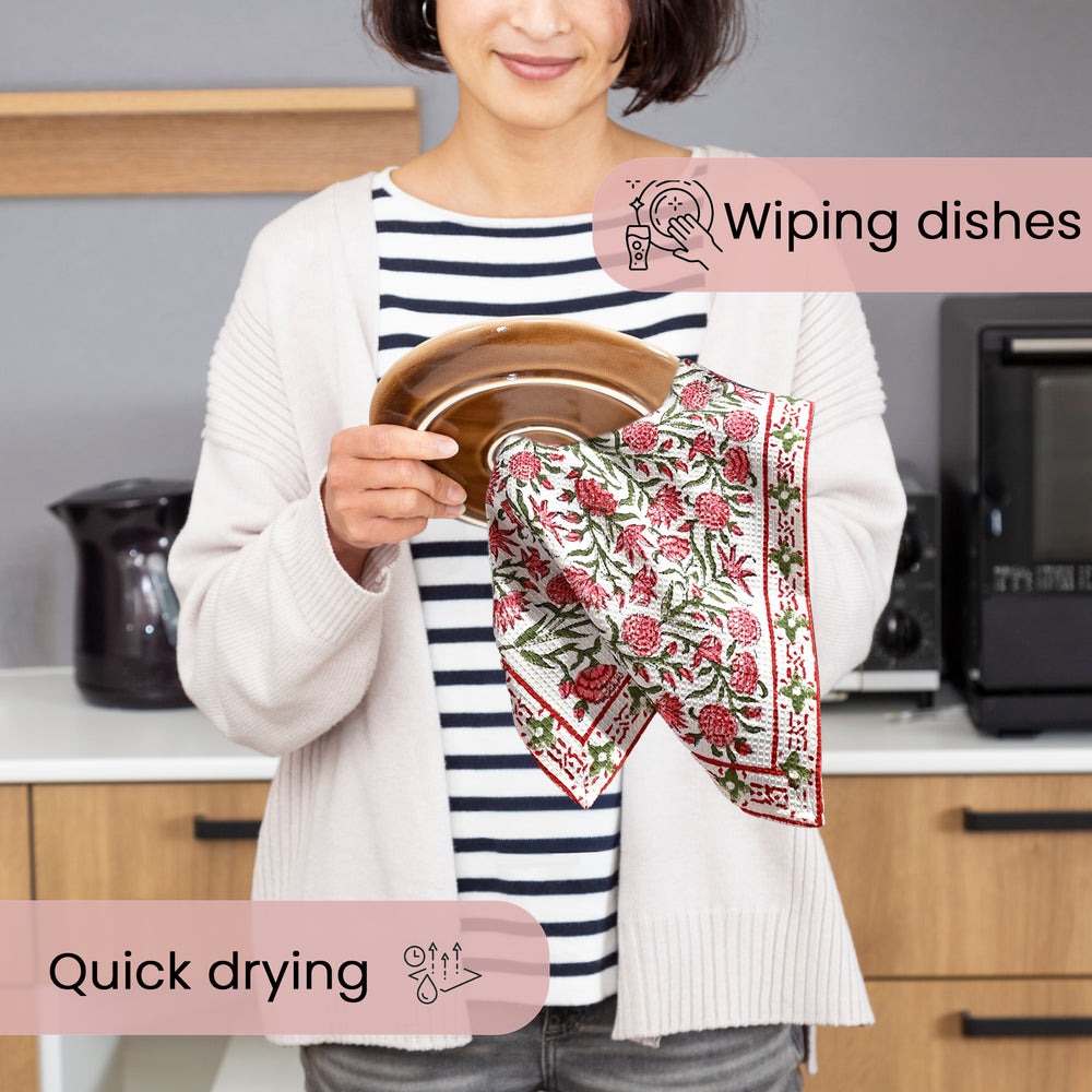 Hand Block Printed Waffle Kitchen Towels – Red Garnet