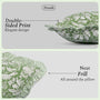 Green and white floral-patterned pillow with text highlighting 'Double-Sided Print' and 'Neat Frill'.