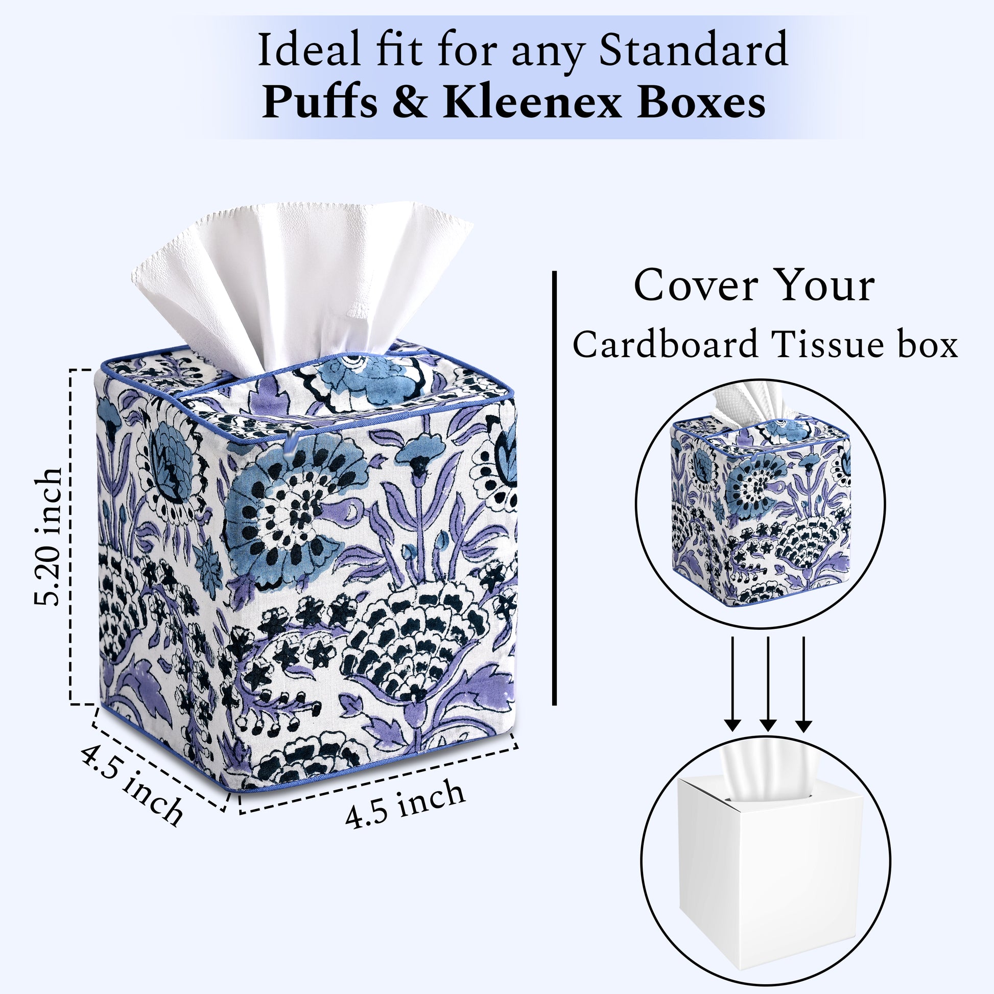 100% Cotton Hand Block Printed Tissue Box Cover - Indigo Blue