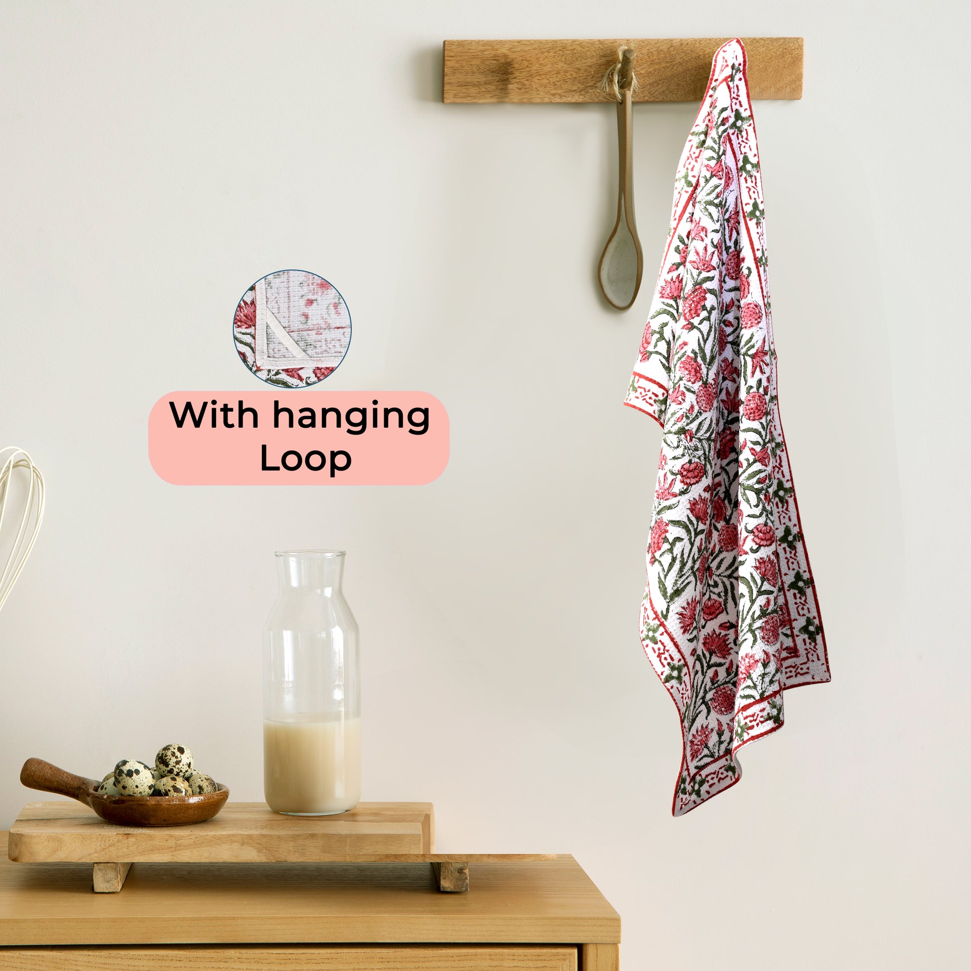 Hand Block Printed Waffle Kitchen Towels – Red Garnet