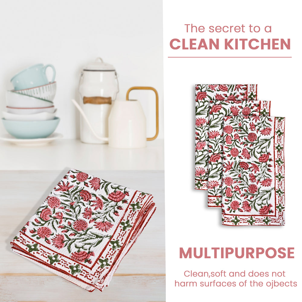 Hand Block Printed Waffle Kitchen Towels – Red Garnet