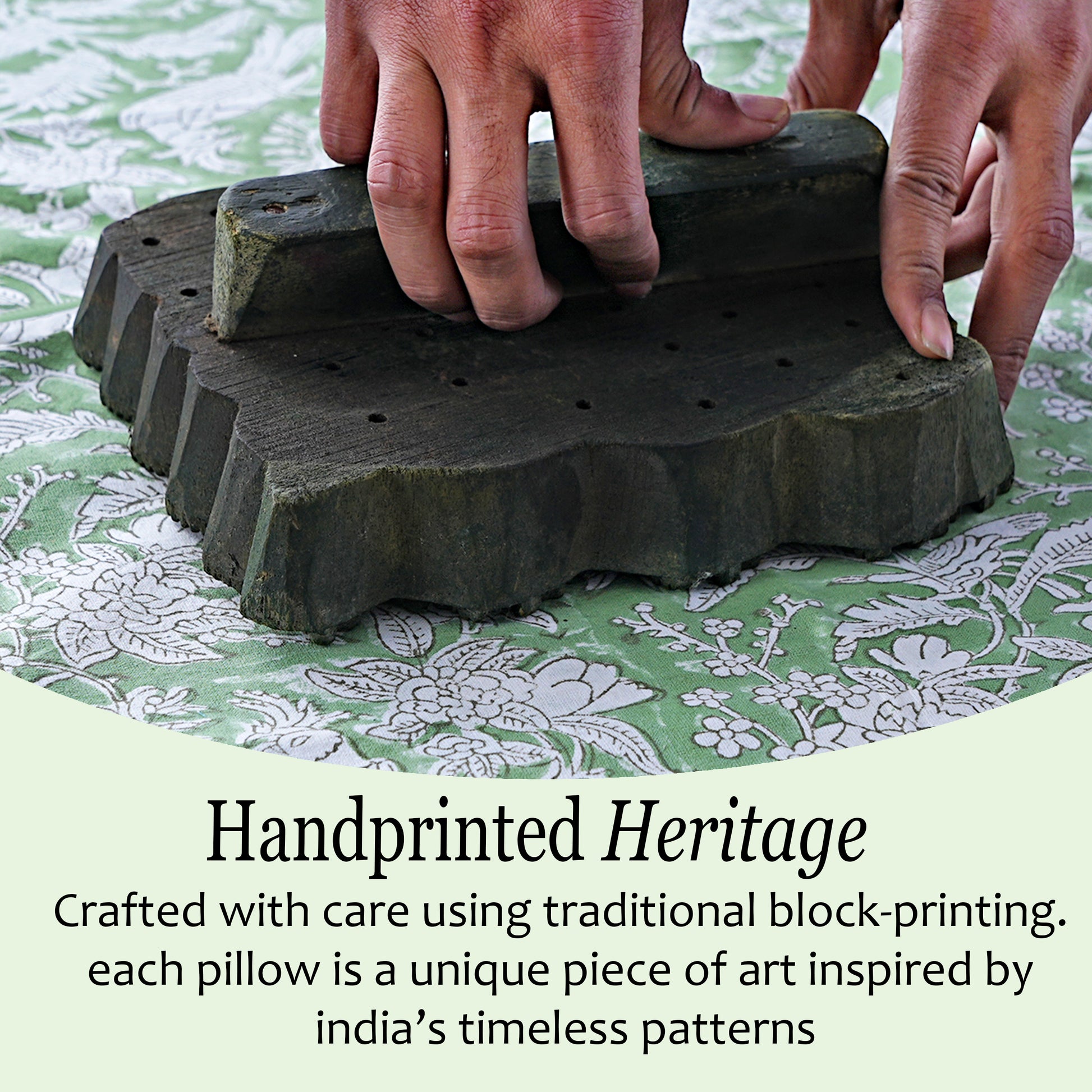 Handmade pillow with traditional block-printing technique on a floral fabric background