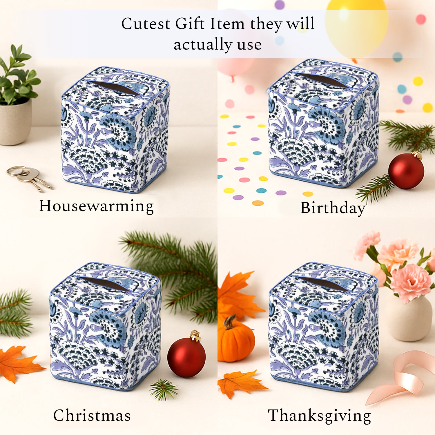100% Cotton Hand Block Printed Tissue Box Cover - Indigo Blue
