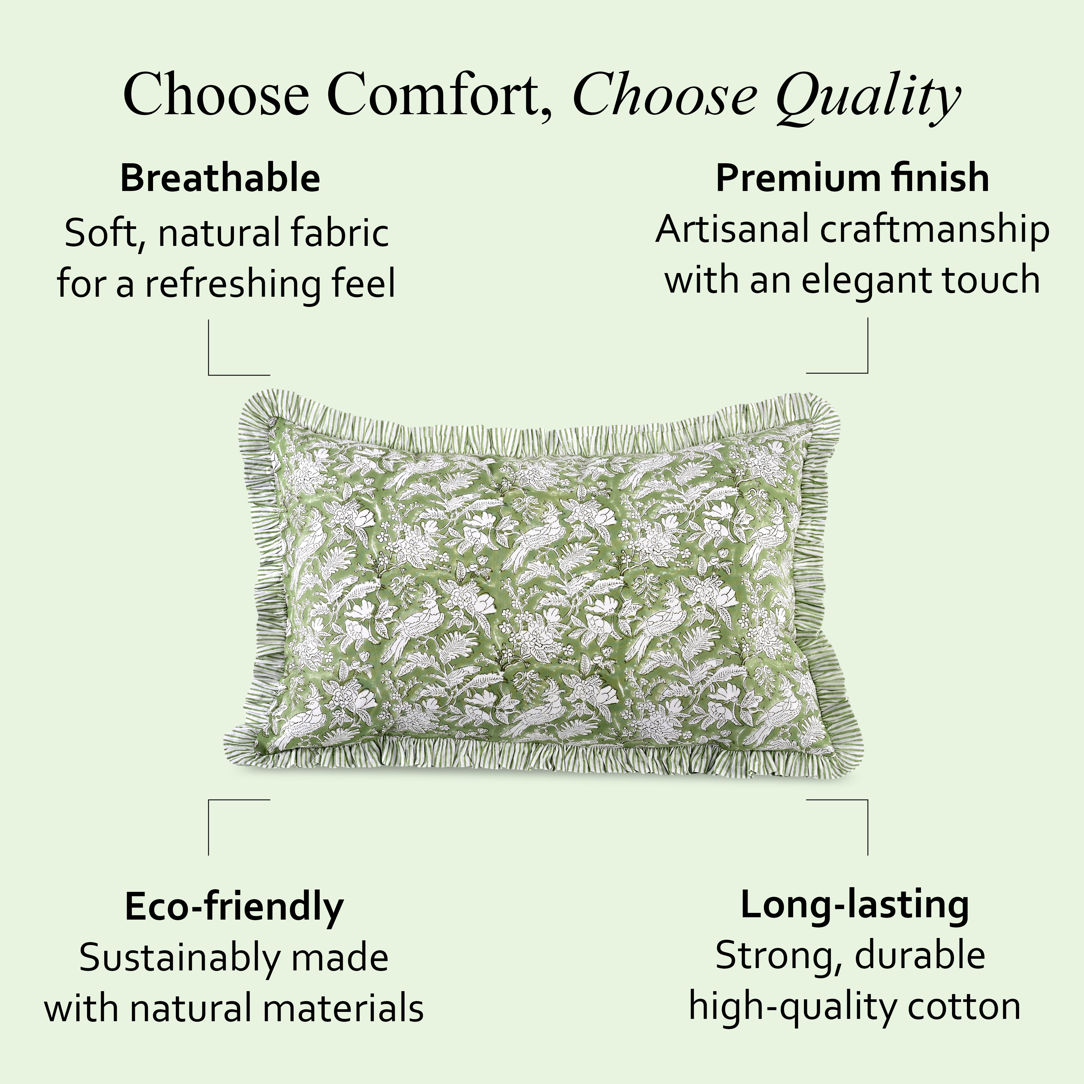 Decorative pillow with text highlighting features on a light green background