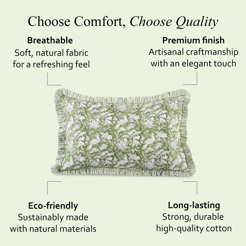 Decorative pillow with text highlighting features on a light green background