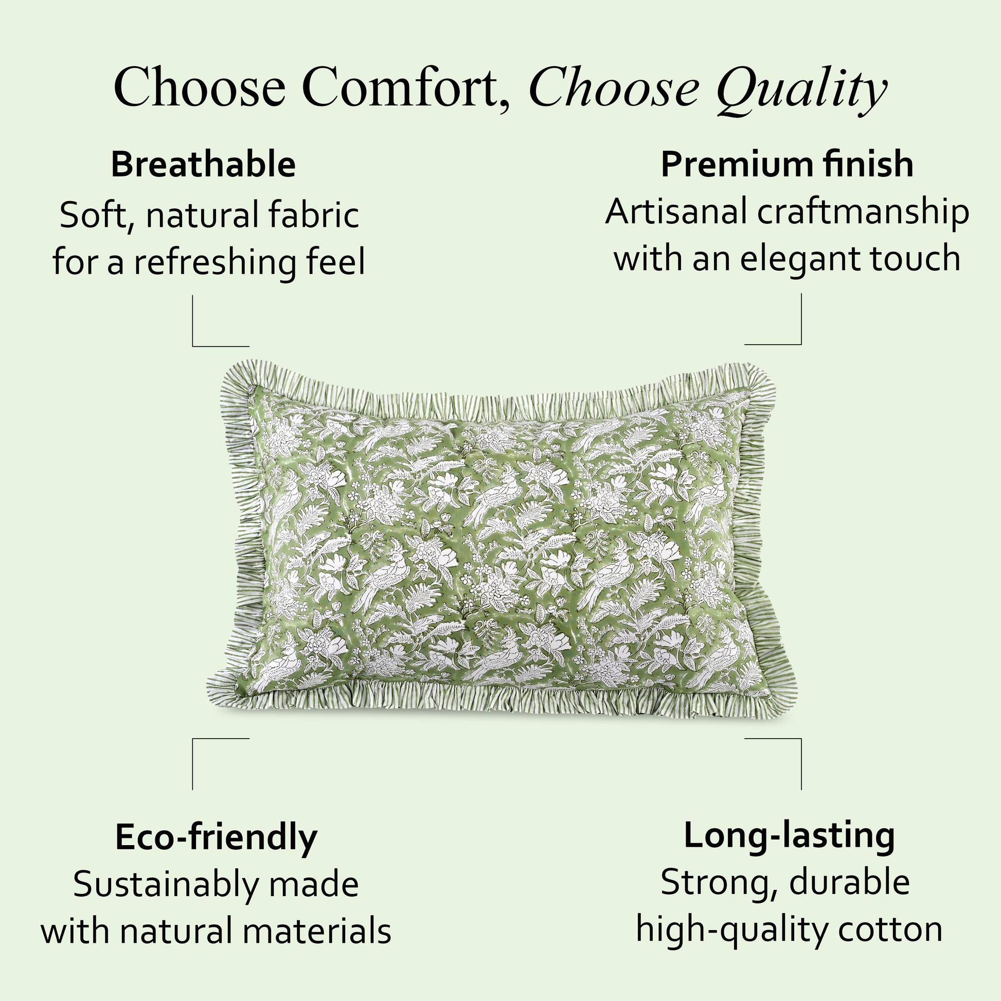 Decorative pillow with text highlighting features on a light green background