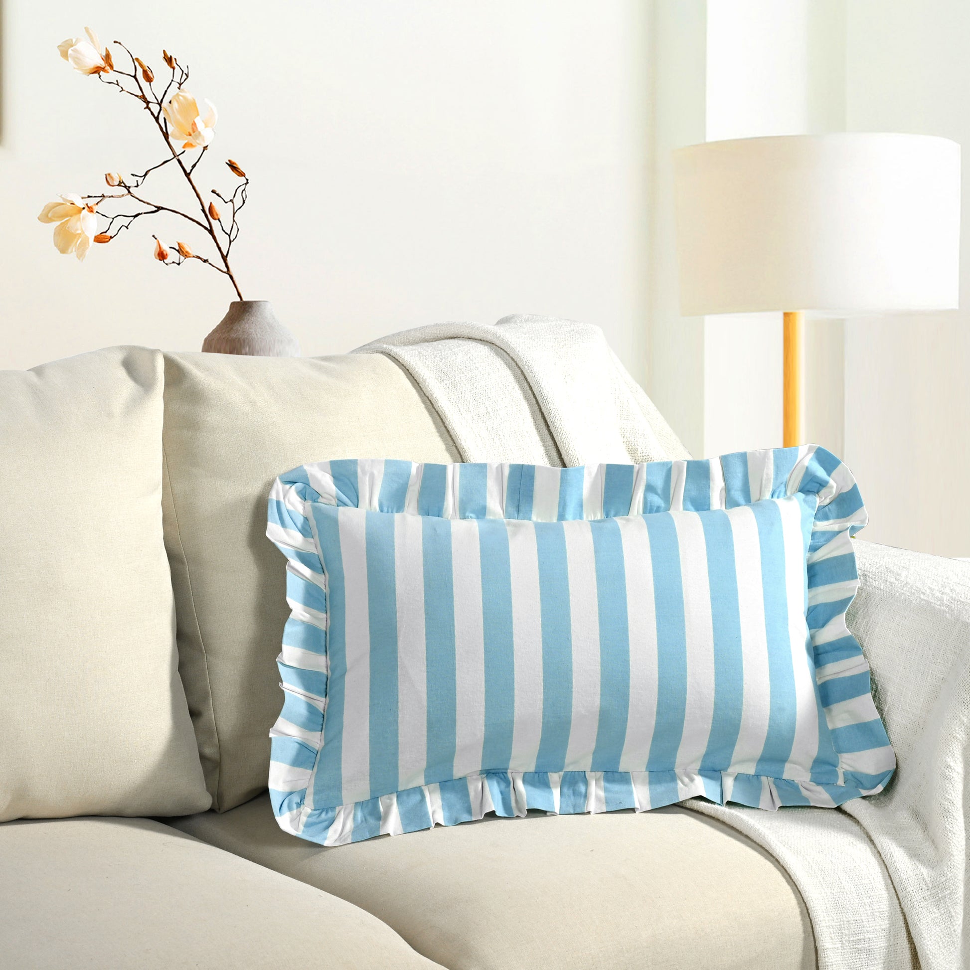 Blue Striped Cotton Ruffle Sham Cover