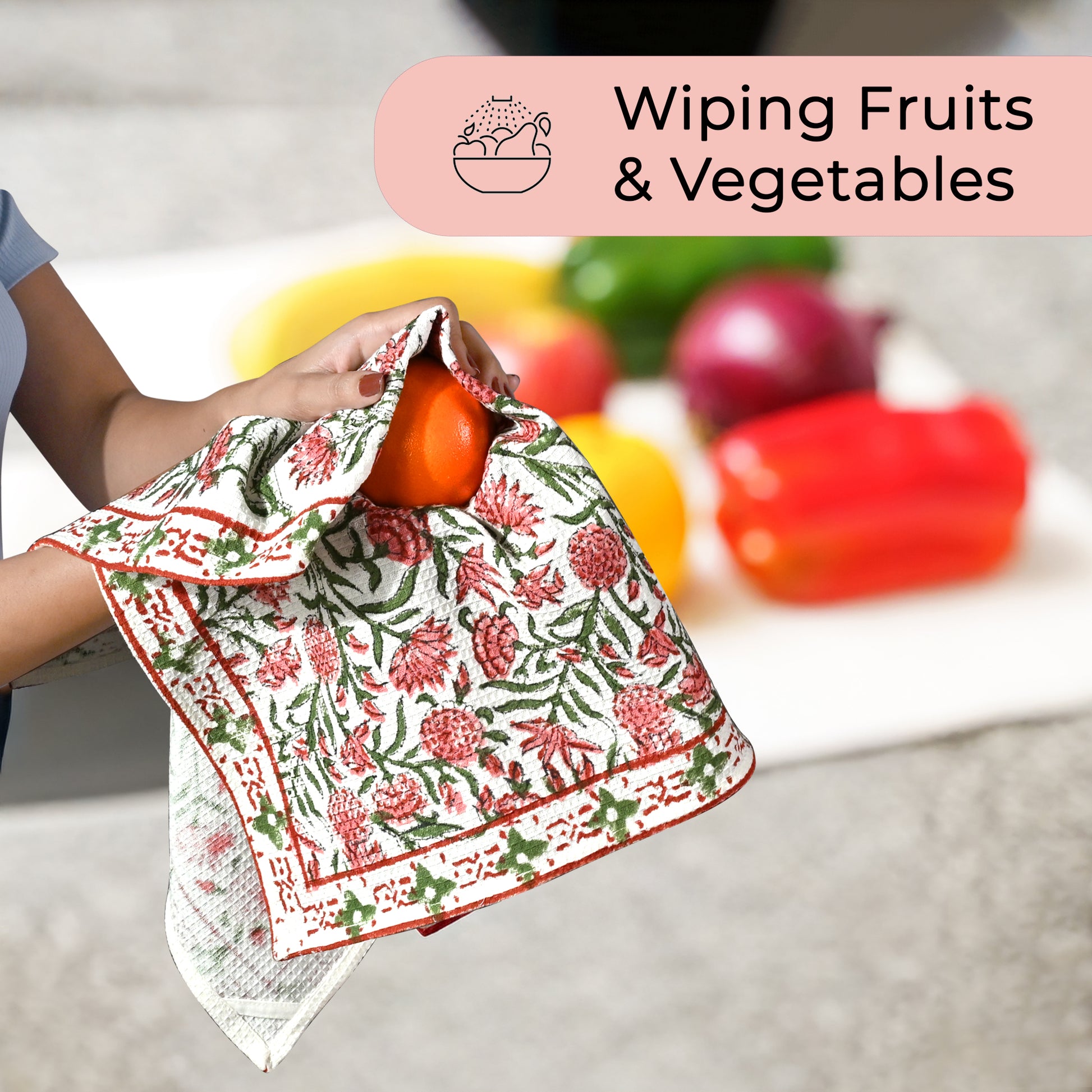 Hand Block Printed Waffle Kitchen Towels – Red Garnet