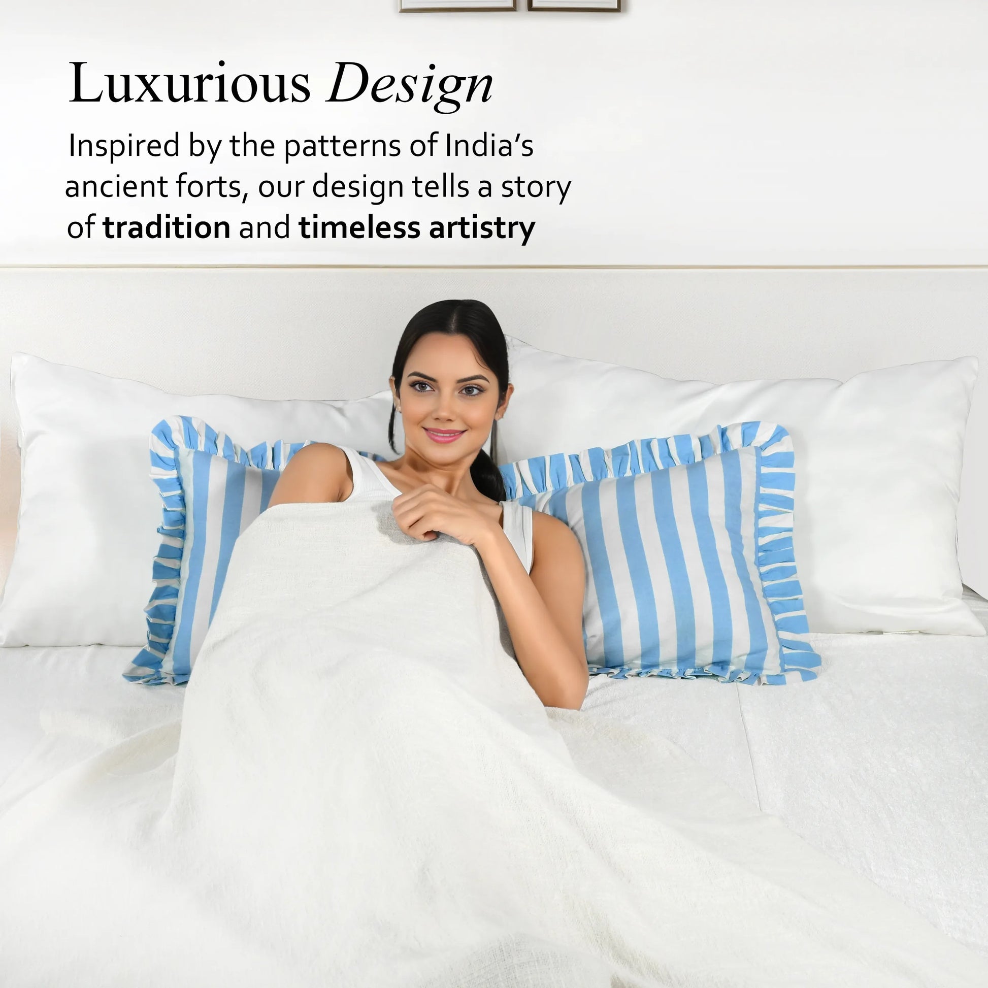 Blue Striped Cotton Ruffle Sham Cover