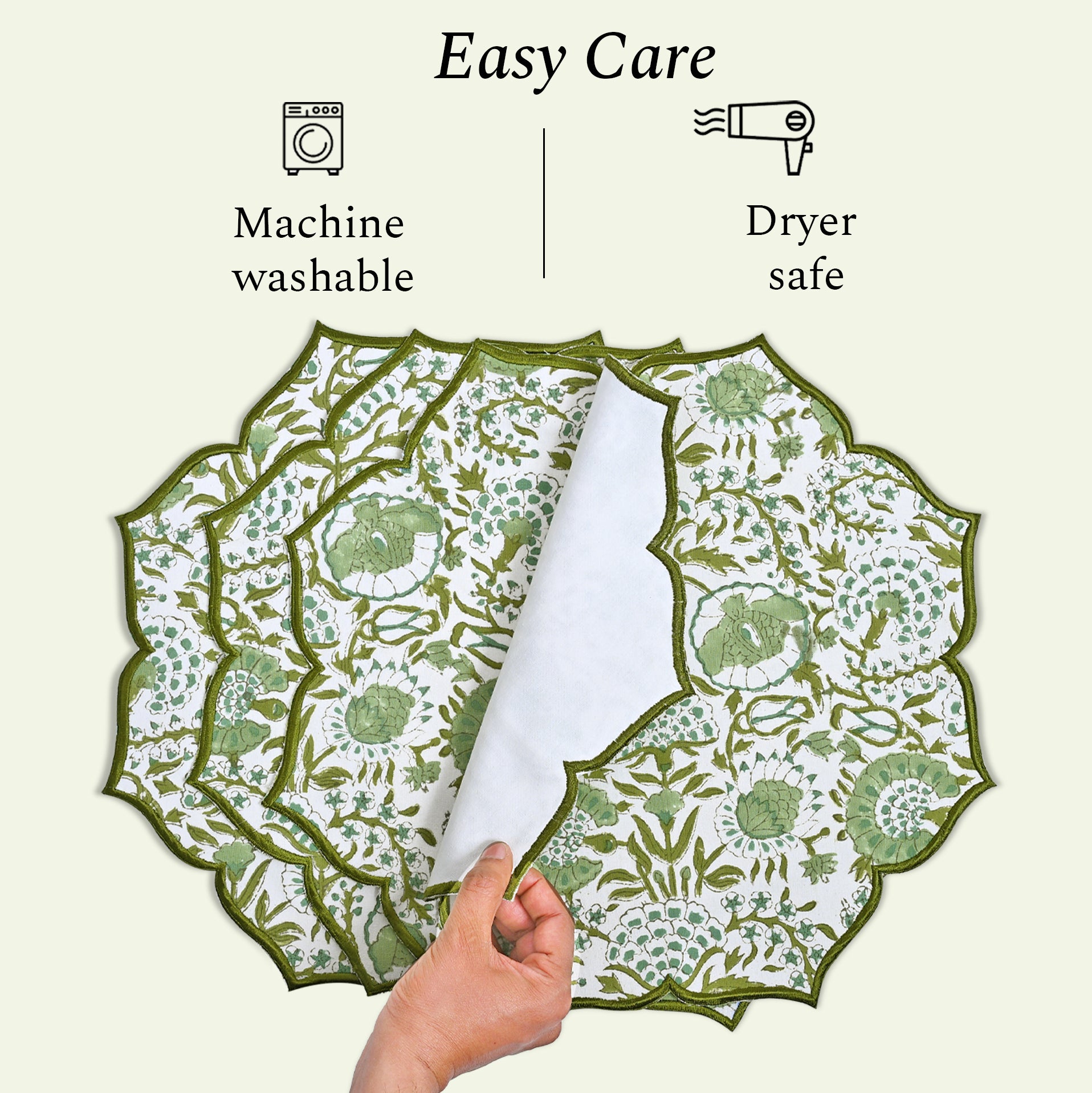 machine washable and dryer safe Agate green placemat with floral threadwork and soft cotton texture