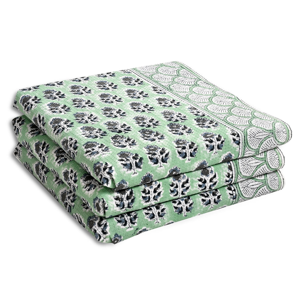 Hand Block Printed Waffle Kitchen Towels – Poppy Blue