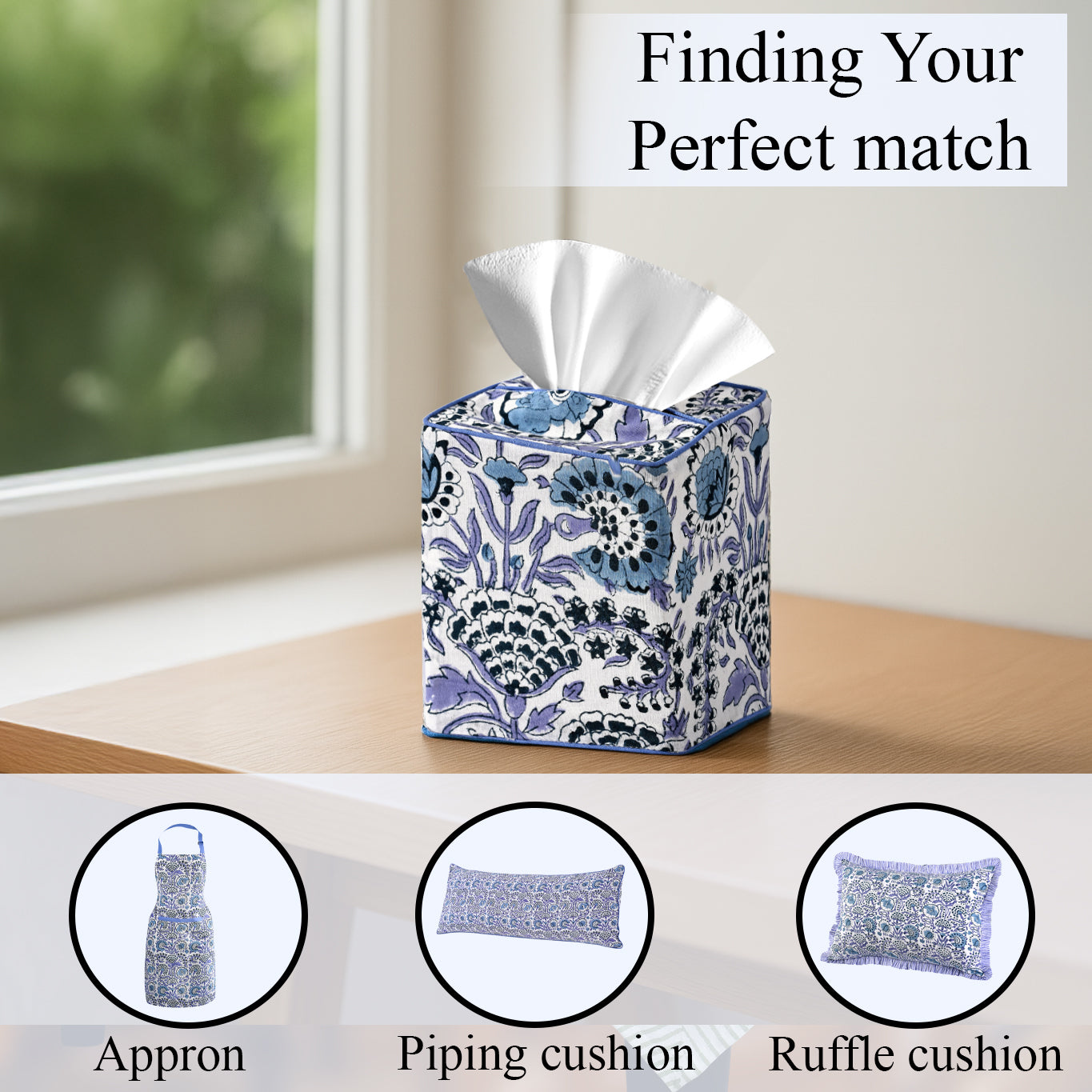 100% Cotton Hand Block Printed Tissue Box Cover - Indigo Blue