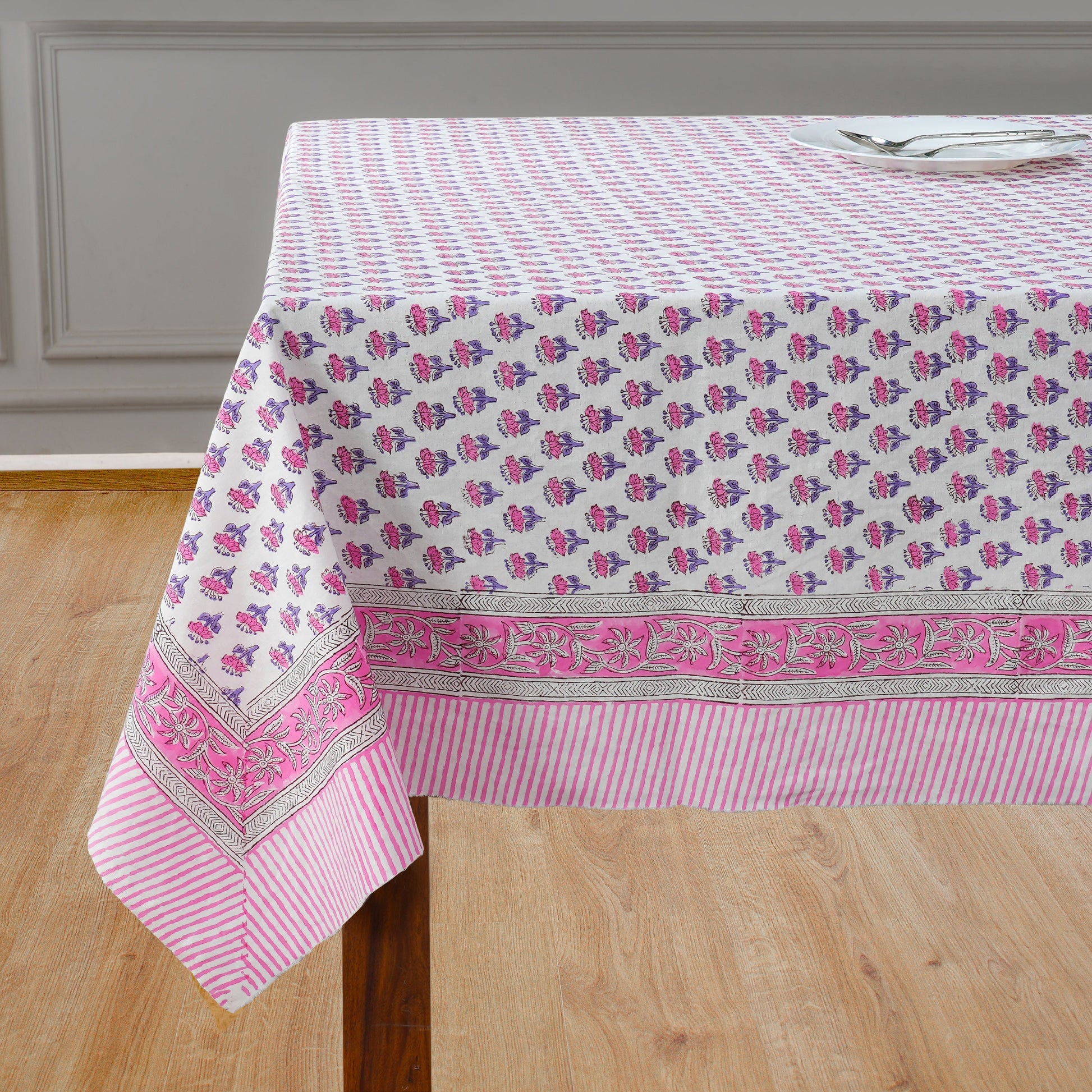 Pink Sapphire Cotton Tablecloth on Farmhouse Kitchen Table