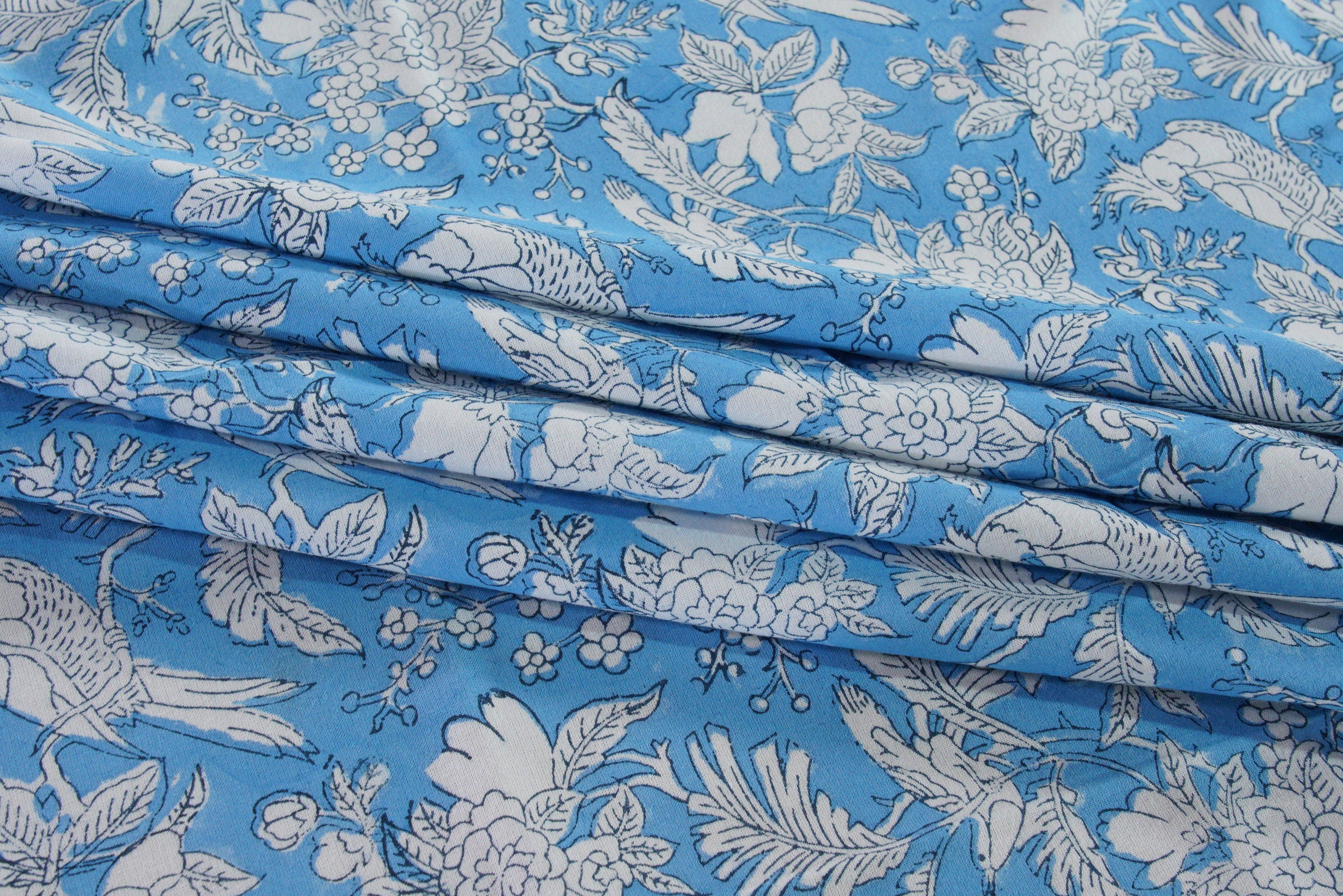 Hand Block Print Indian Cotton Fabric- Blue Sapphire for Dress Curtain Pillow Cover Tent- Wedding Farmhouse Housewarming Restaurant - Floral