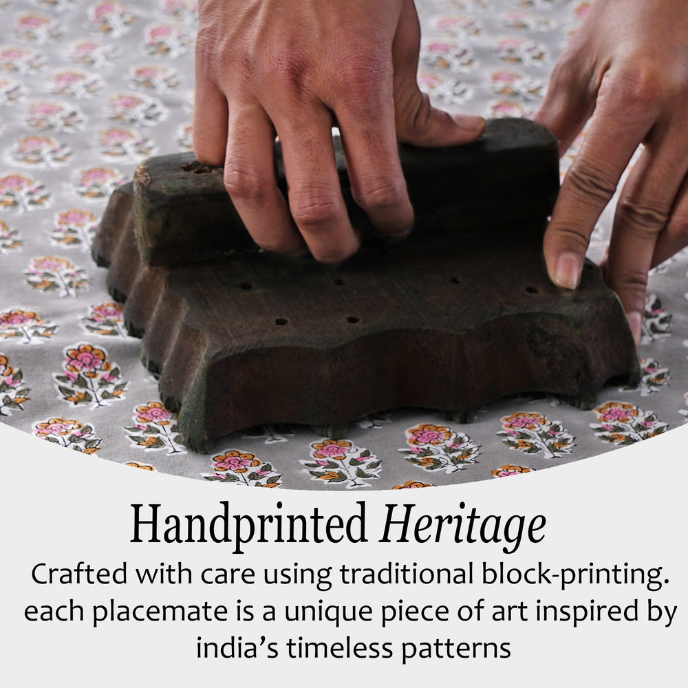 handblock printed Neutral gray scalloped placemat for versatile table styling
