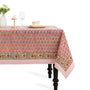 Poppy Pink Cotton Tablecloth on Farmhouse Table