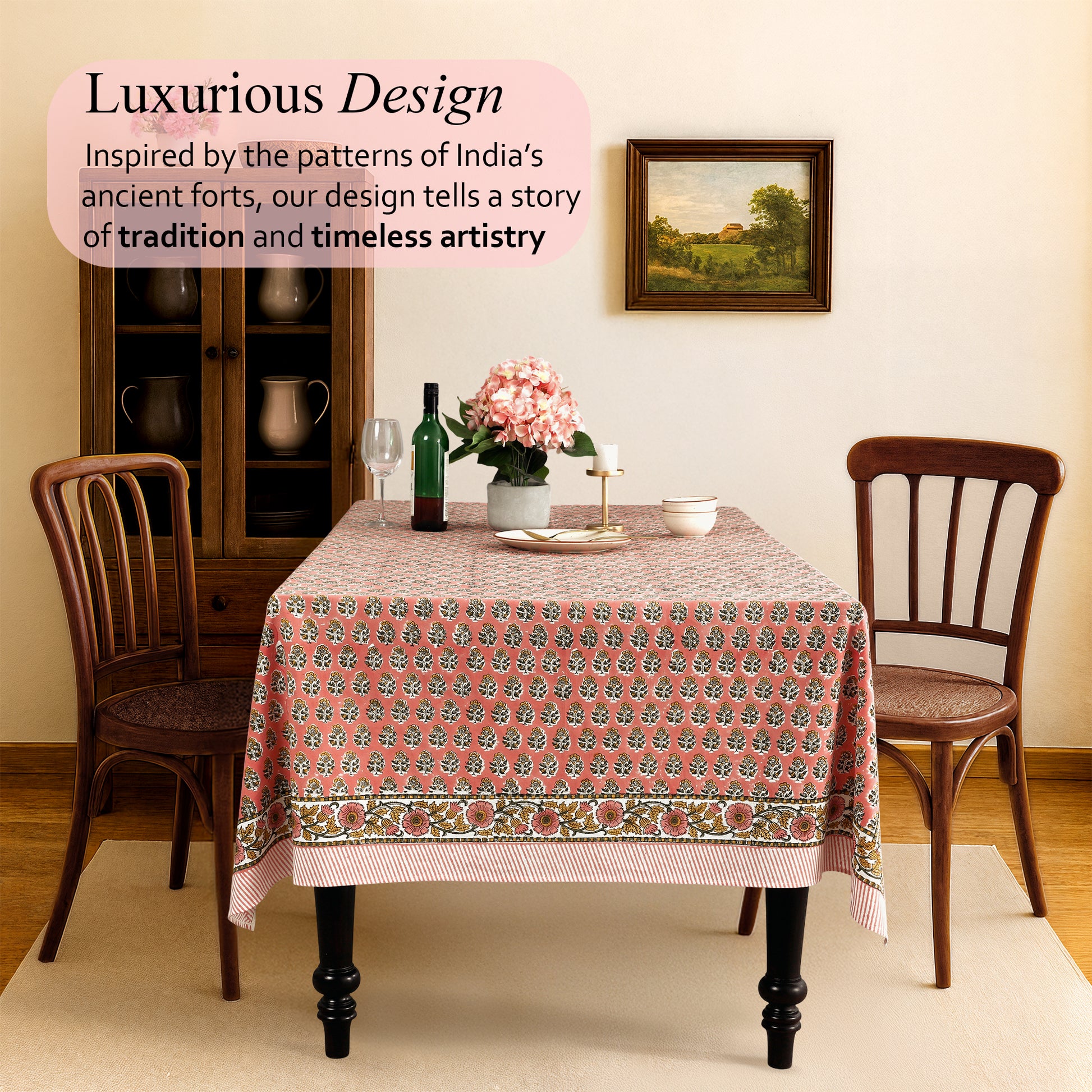 Poppy Pink Cotton Tablecloth on Farmhouse Table