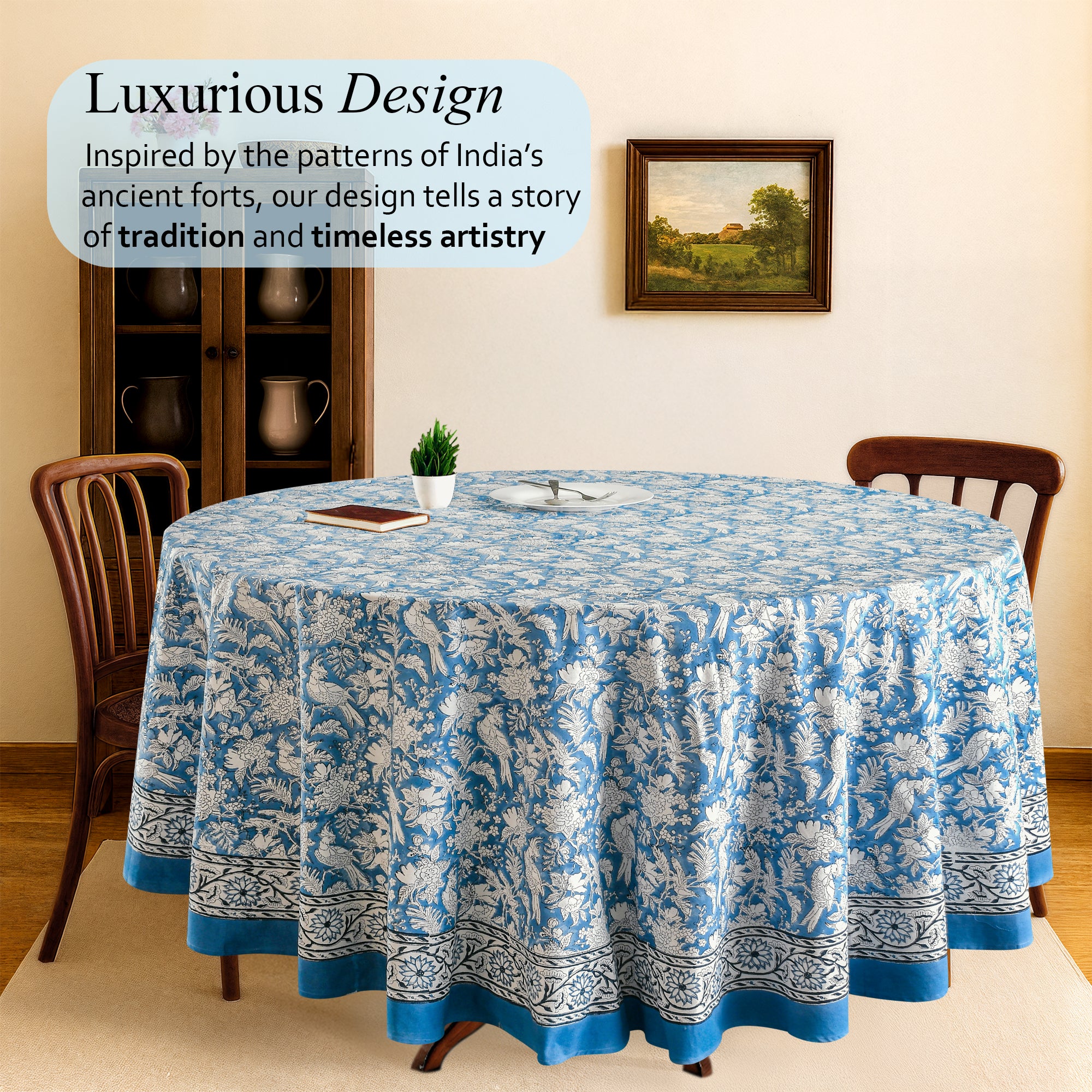 blue and white indian floral 100% cotton breathable round tablecloth