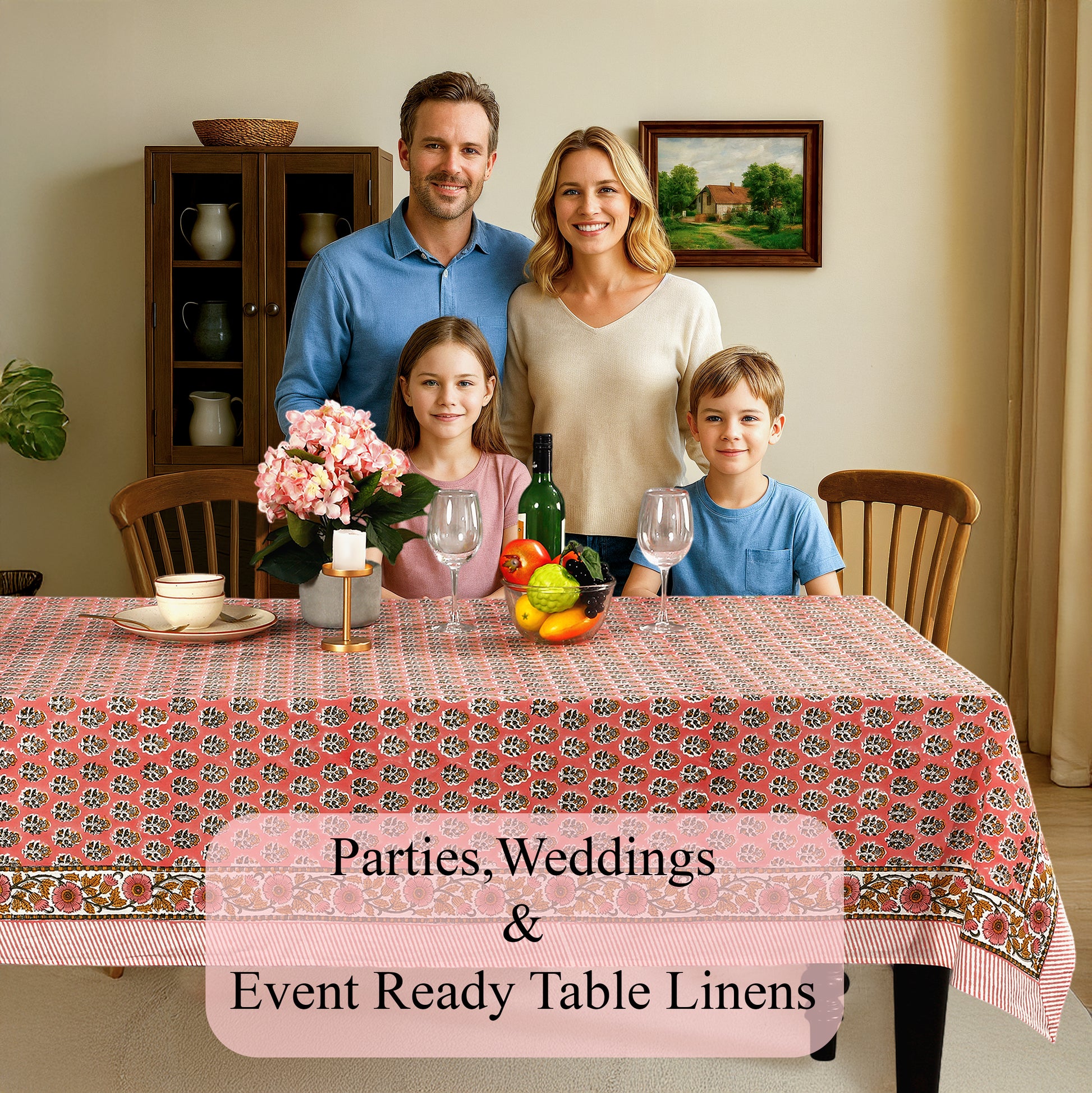Poppy Pink Cotton Tablecloth on Farmhouse Table