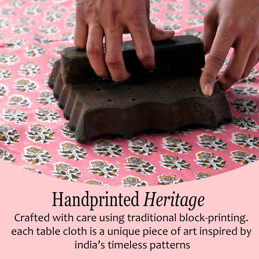 Poppy Pink Cotton Tablecloth on Farmhouse Table