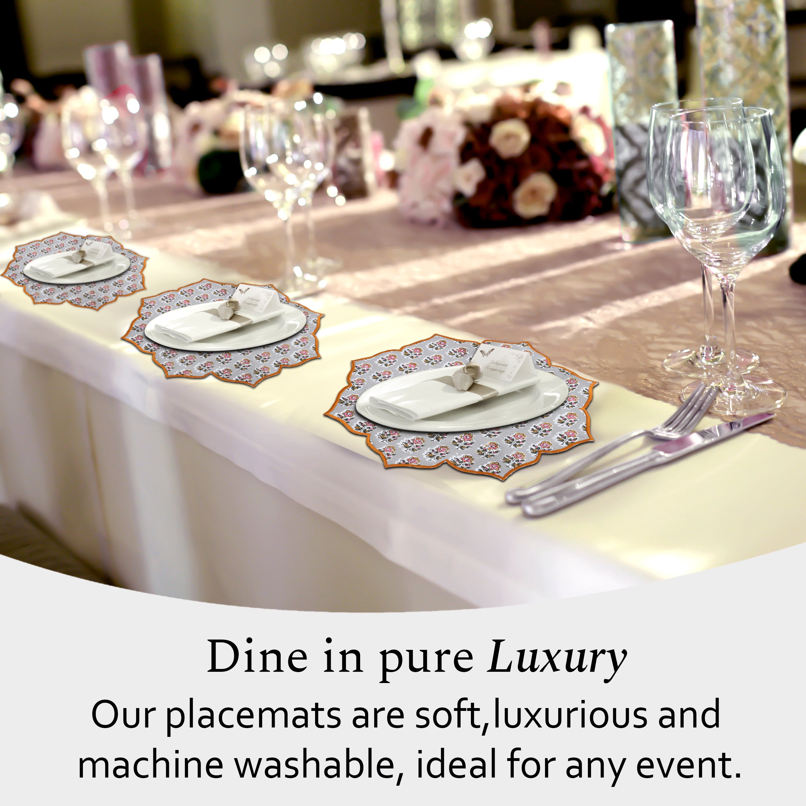 Labra gray cotton placemat layered under white dinnerware