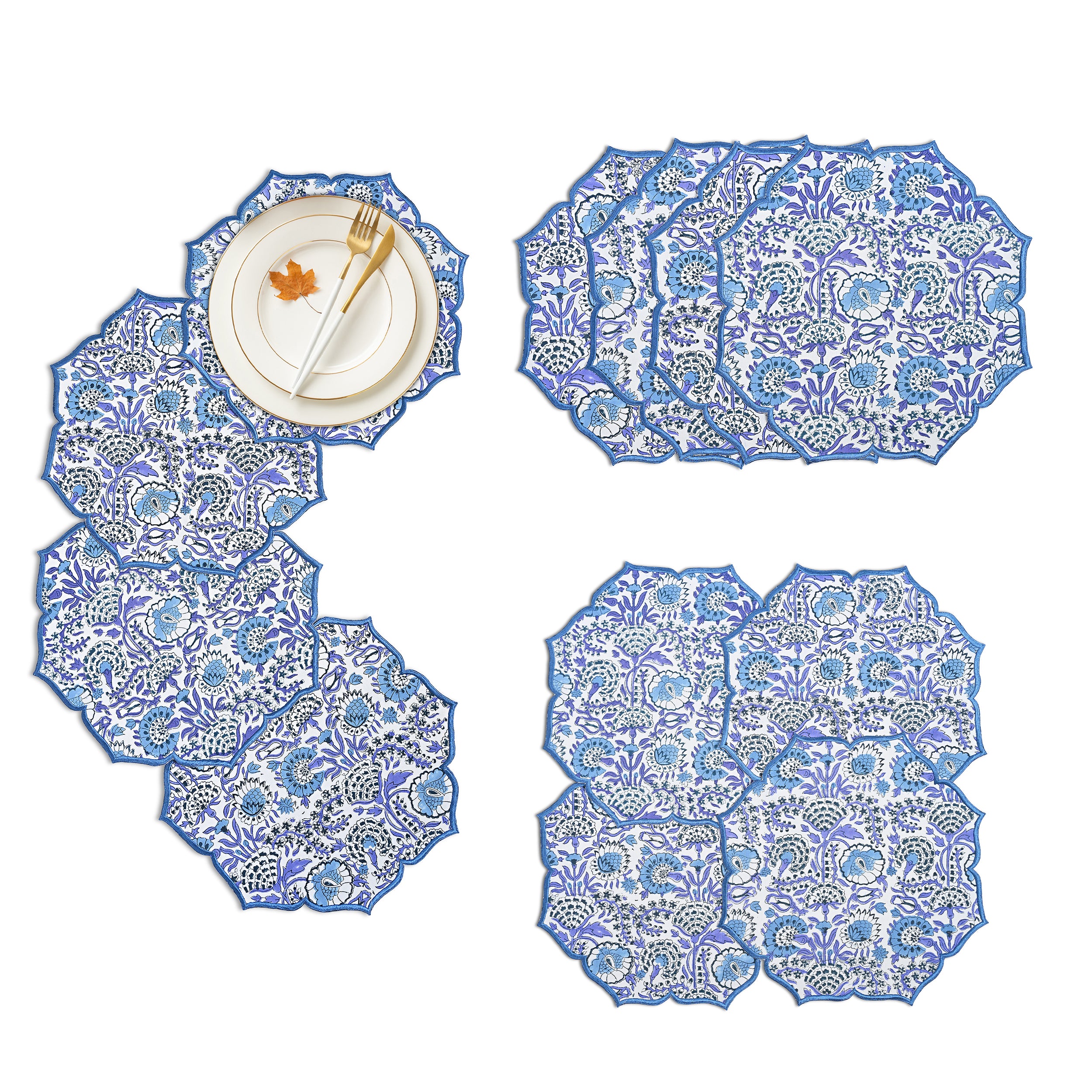 Deep indigo blue cotton placemat with scalloped edge
